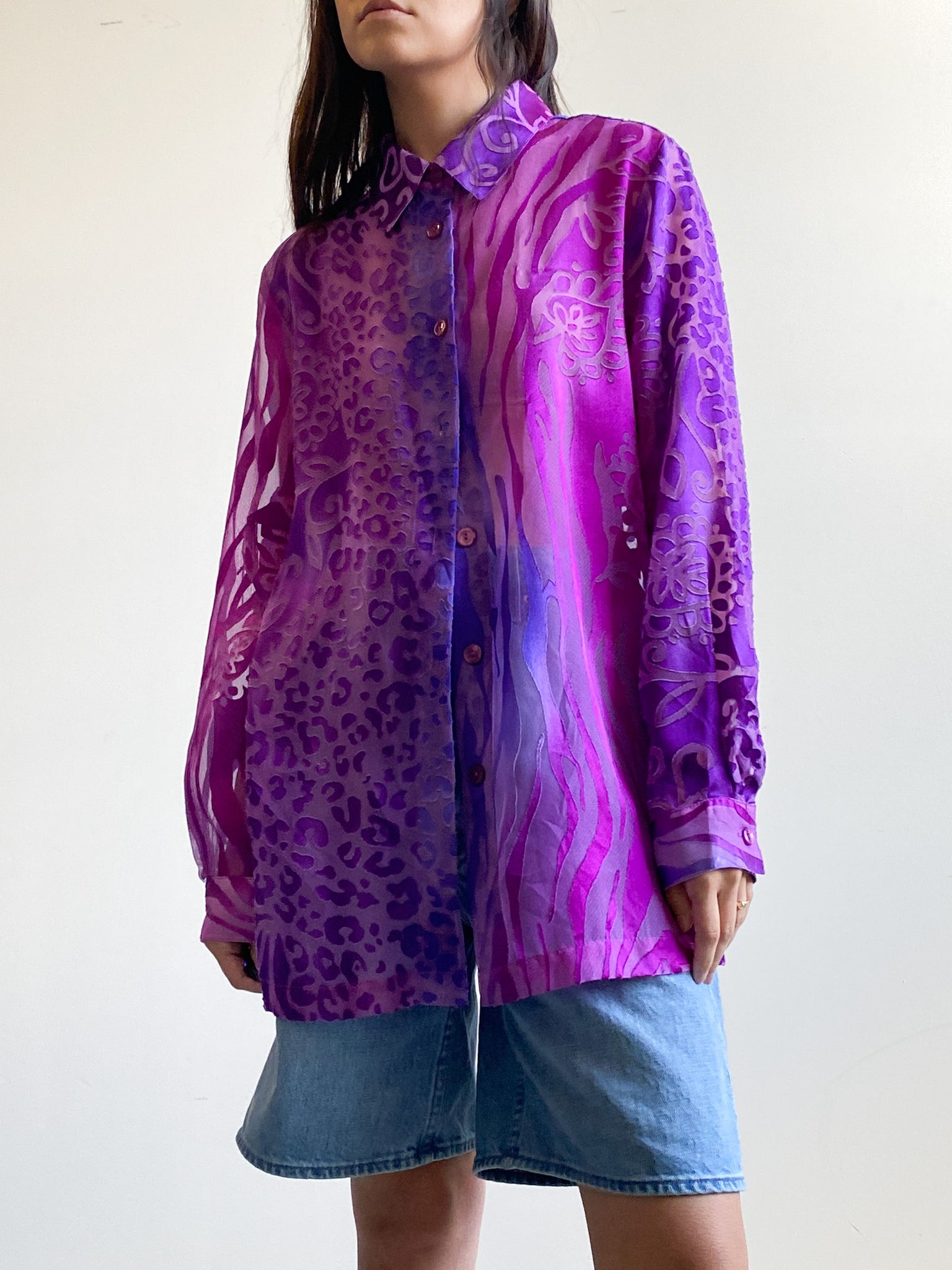 Sheer Purple Animal Print Long Sleeve Button Down (M)
