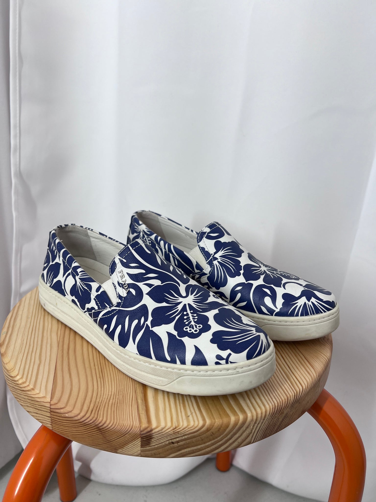 Prada Blue Hibiscus Leather Slip-On Sneakers (9.5)