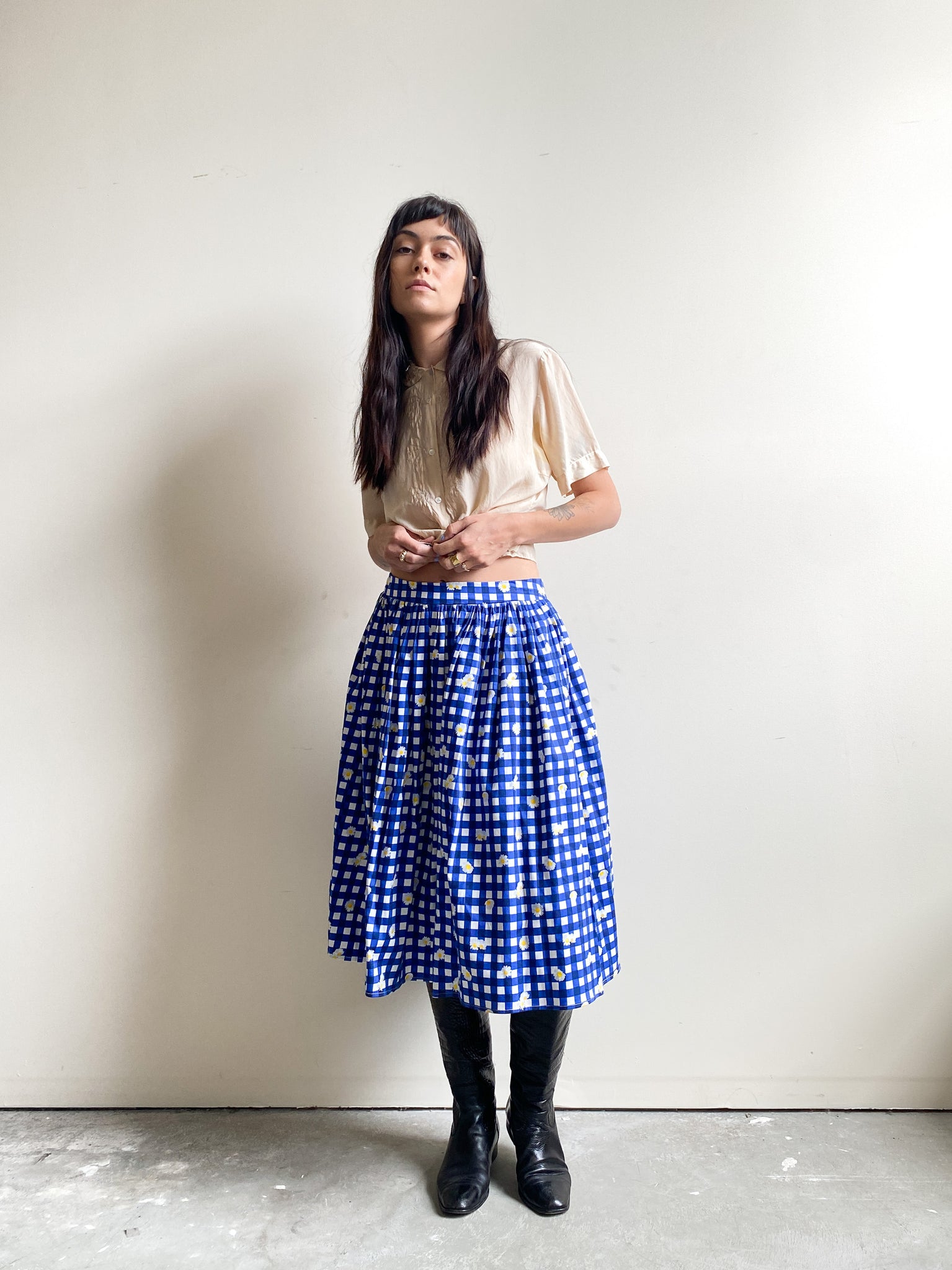 Collectif Blue and White Gingham Daisy Skirt (XS)