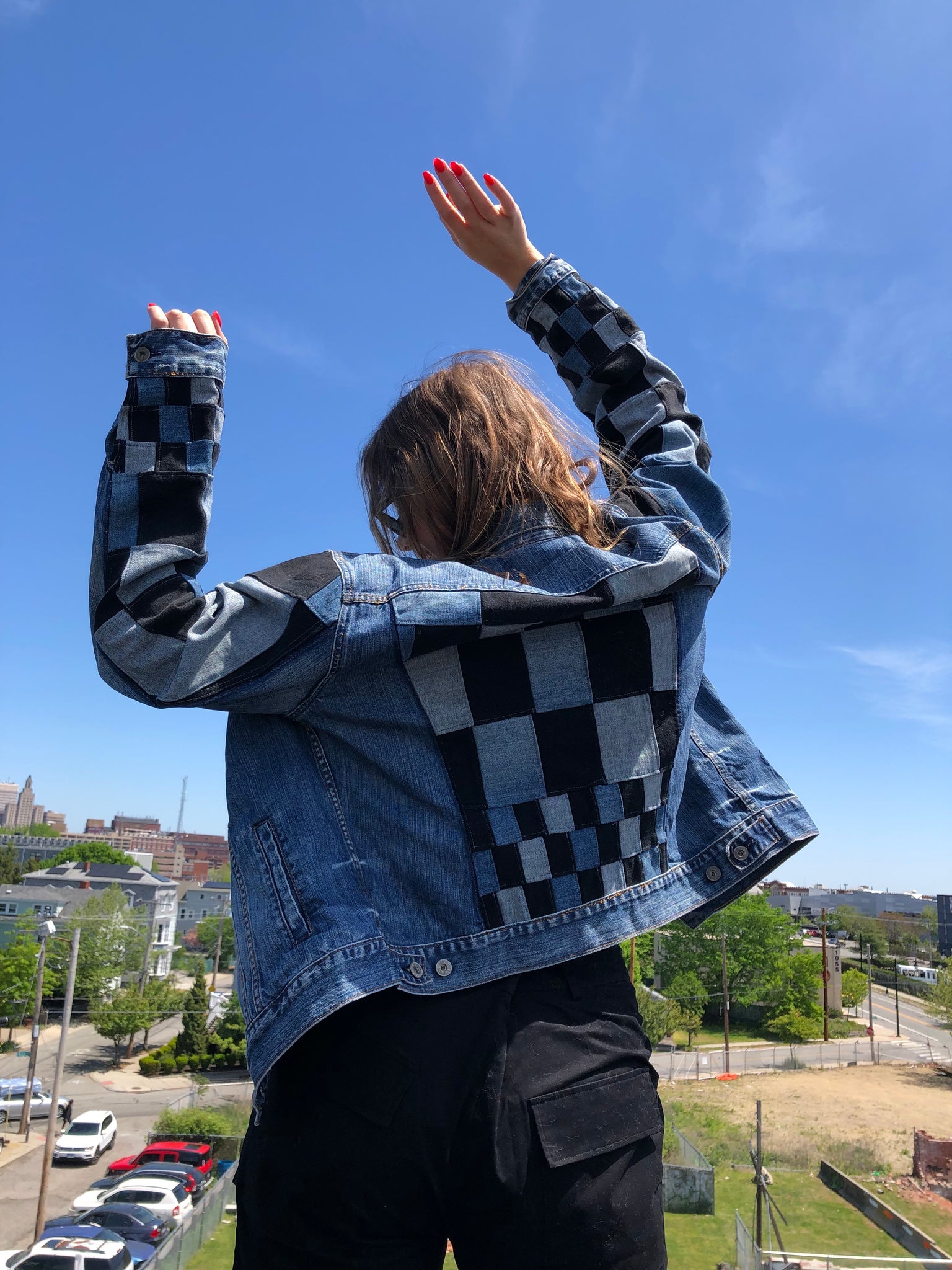 Upcycled Denim Jacket with Black Checkerboard Patchwork Design (L/XL)