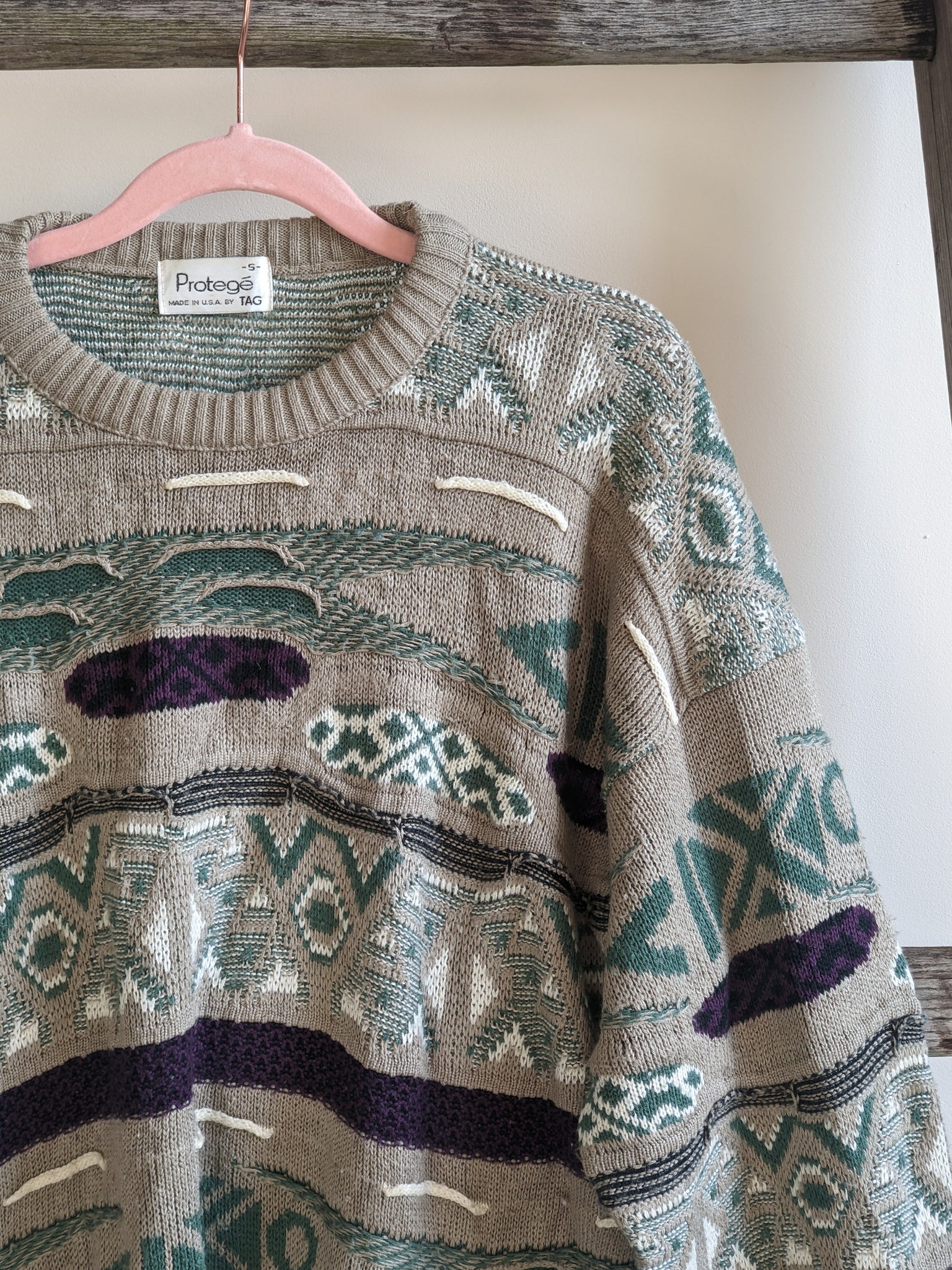 Beige Vintage Sweater with Green, White, and Purple Pattern (S)