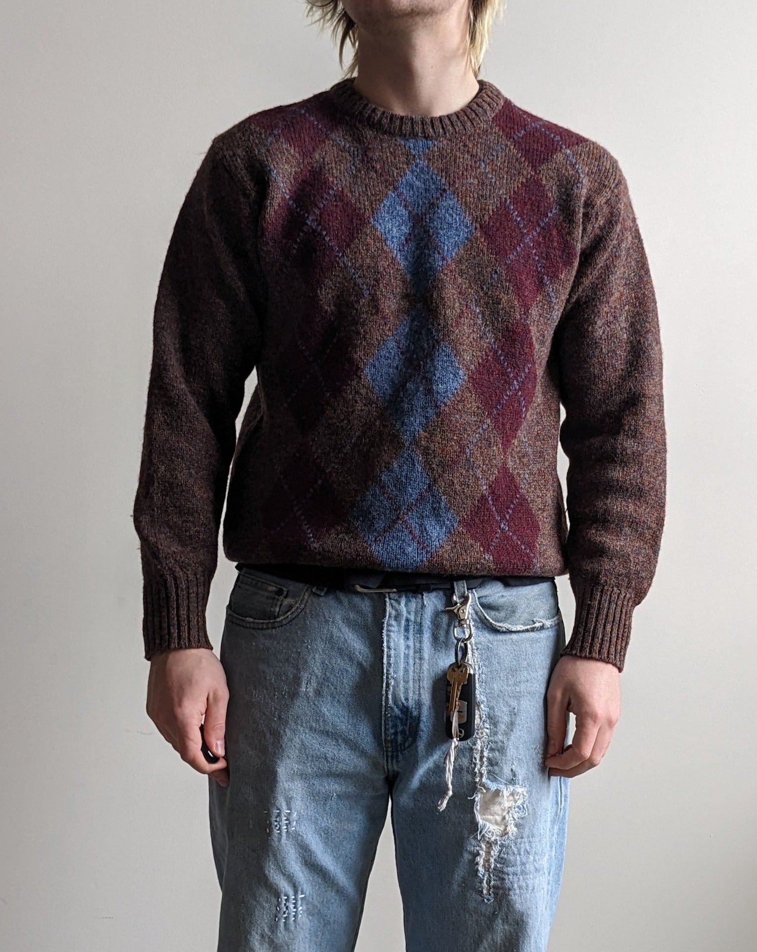 Shetland Wool Christopher Hayes Maroon and Brown Sweater (M)