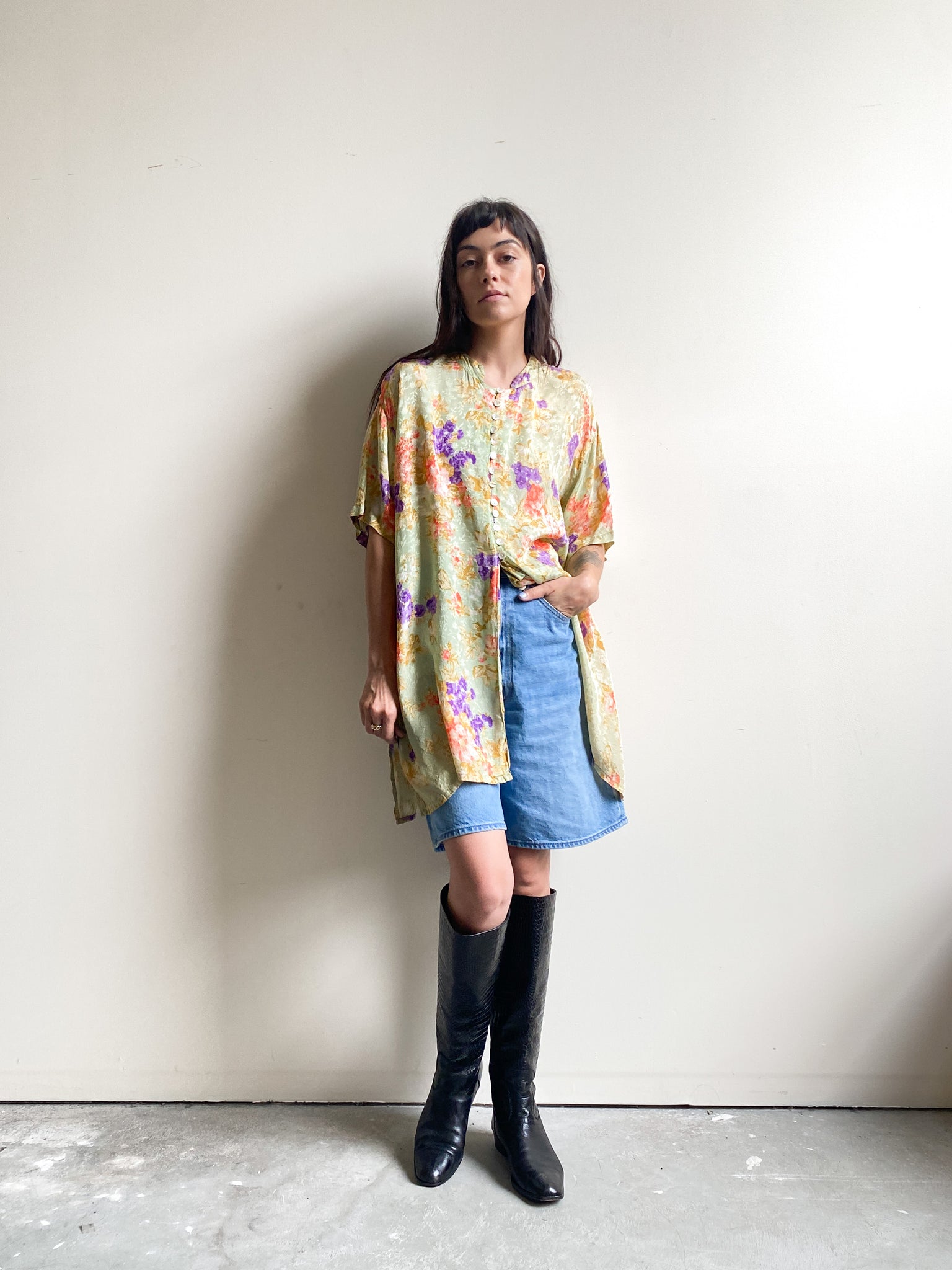 Vintage Green Floral Button Up Tunic Blouse (M)