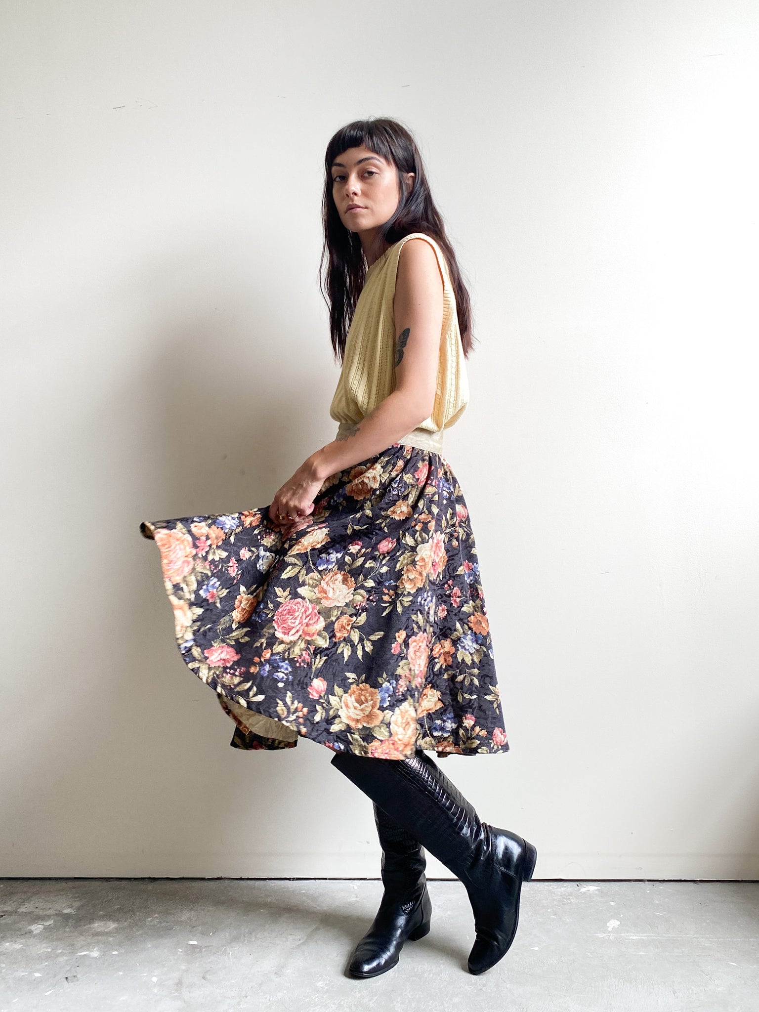 Vintage Floral Print Midi Skirt (S)