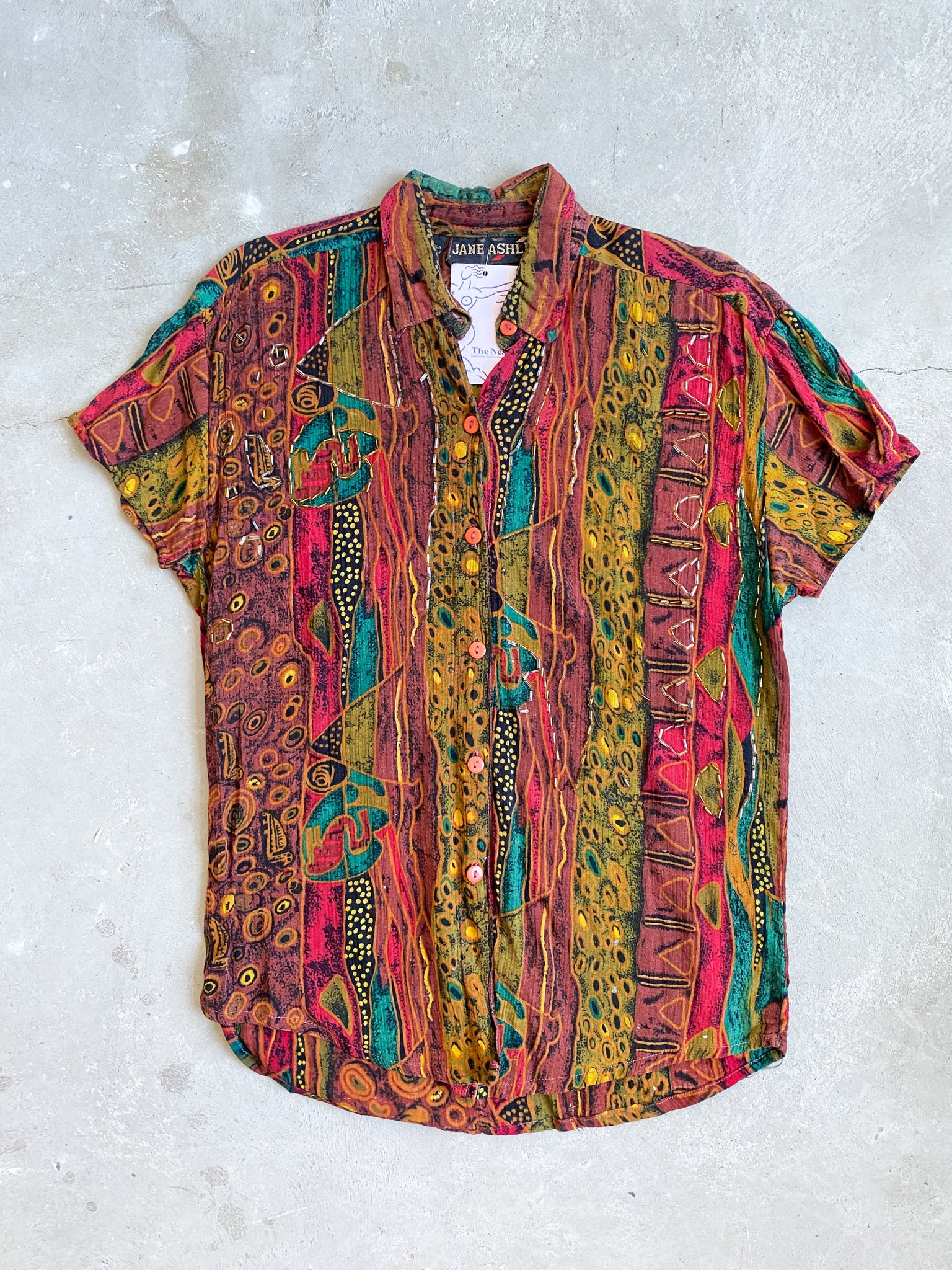 Vintage Beaded Patterned Short Sleeve Button Down (M)