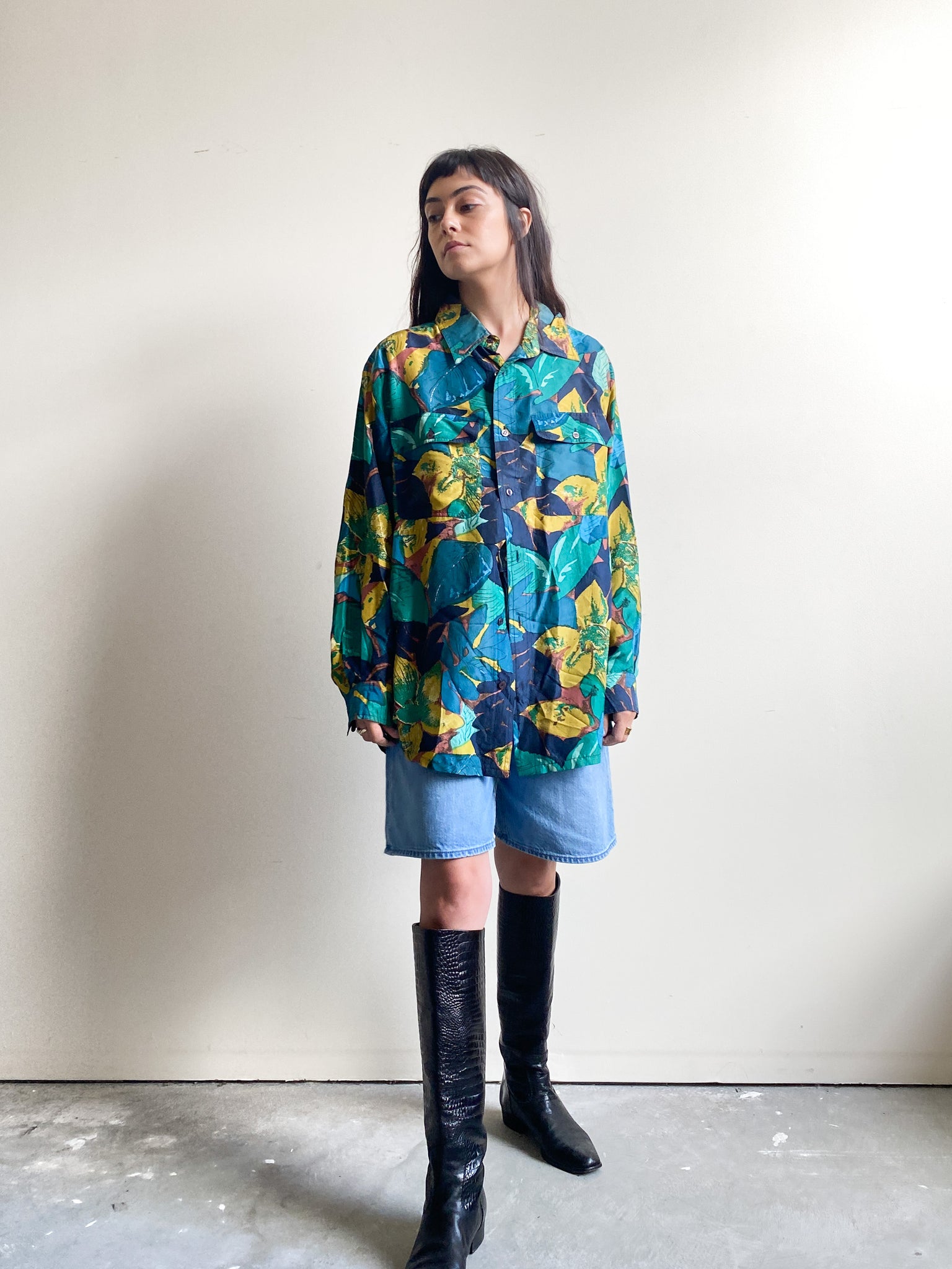 Vintage Pure Silk Teal, Blue, and Yellow Patterned Button Down (XL)