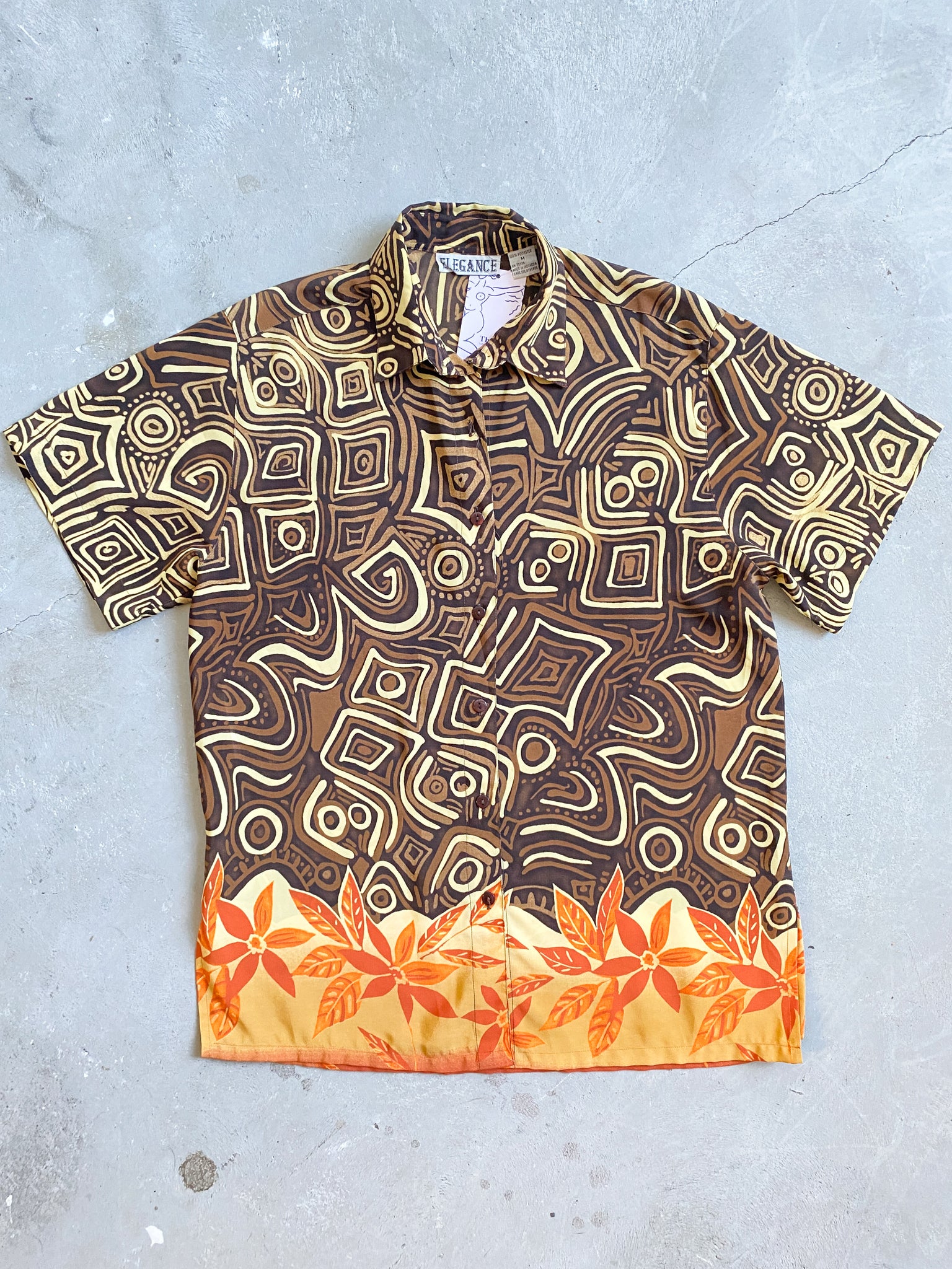 Vintage Brown and Orange Patterned Short Sleeve Button Down (M)