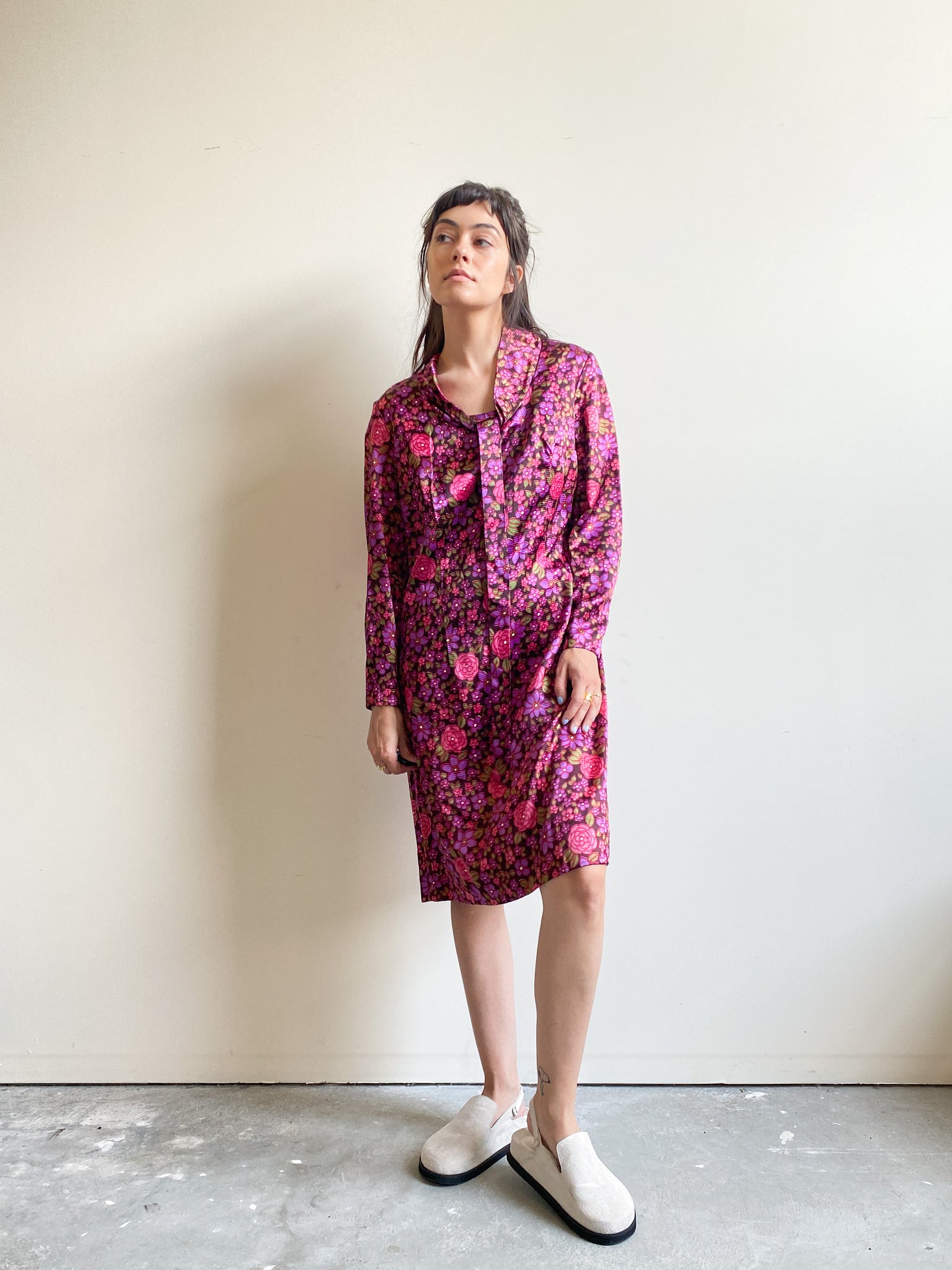 Vintage Pink and Purple Floral House Dress (S)