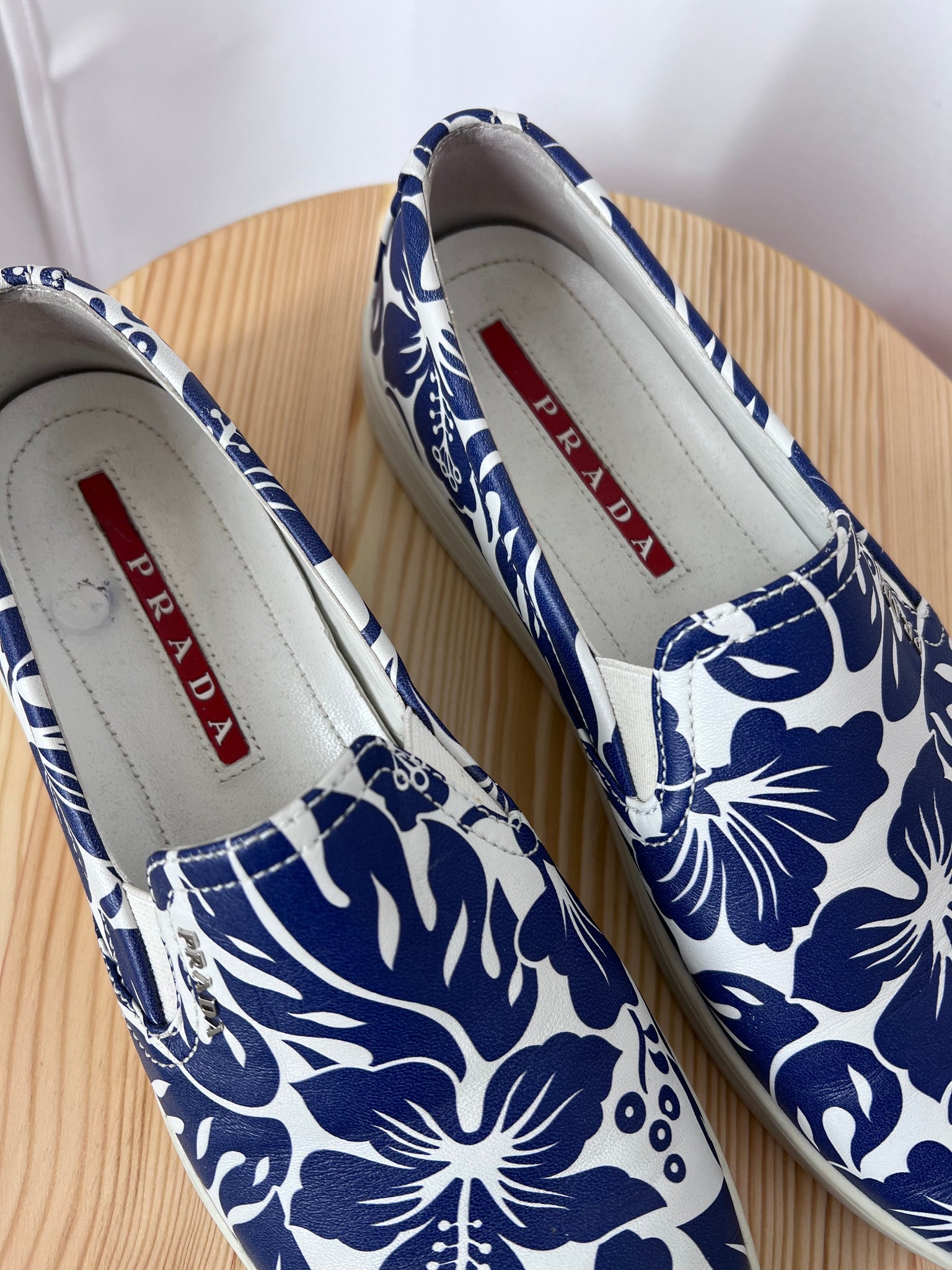 Prada Blue Hibiscus Leather Slip-On Sneakers (9.5)