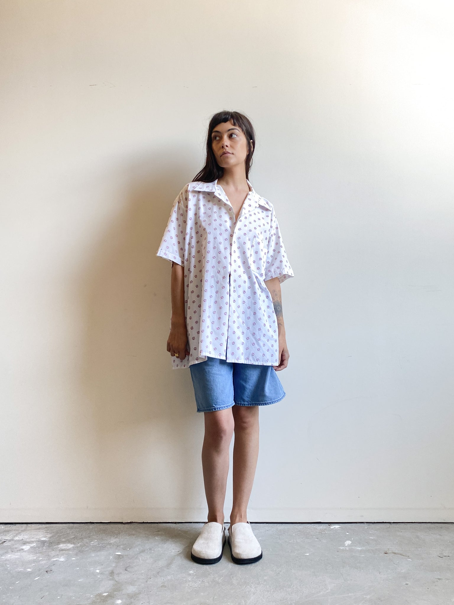Vintage White and Pink Short Sleeve Button Down (L)