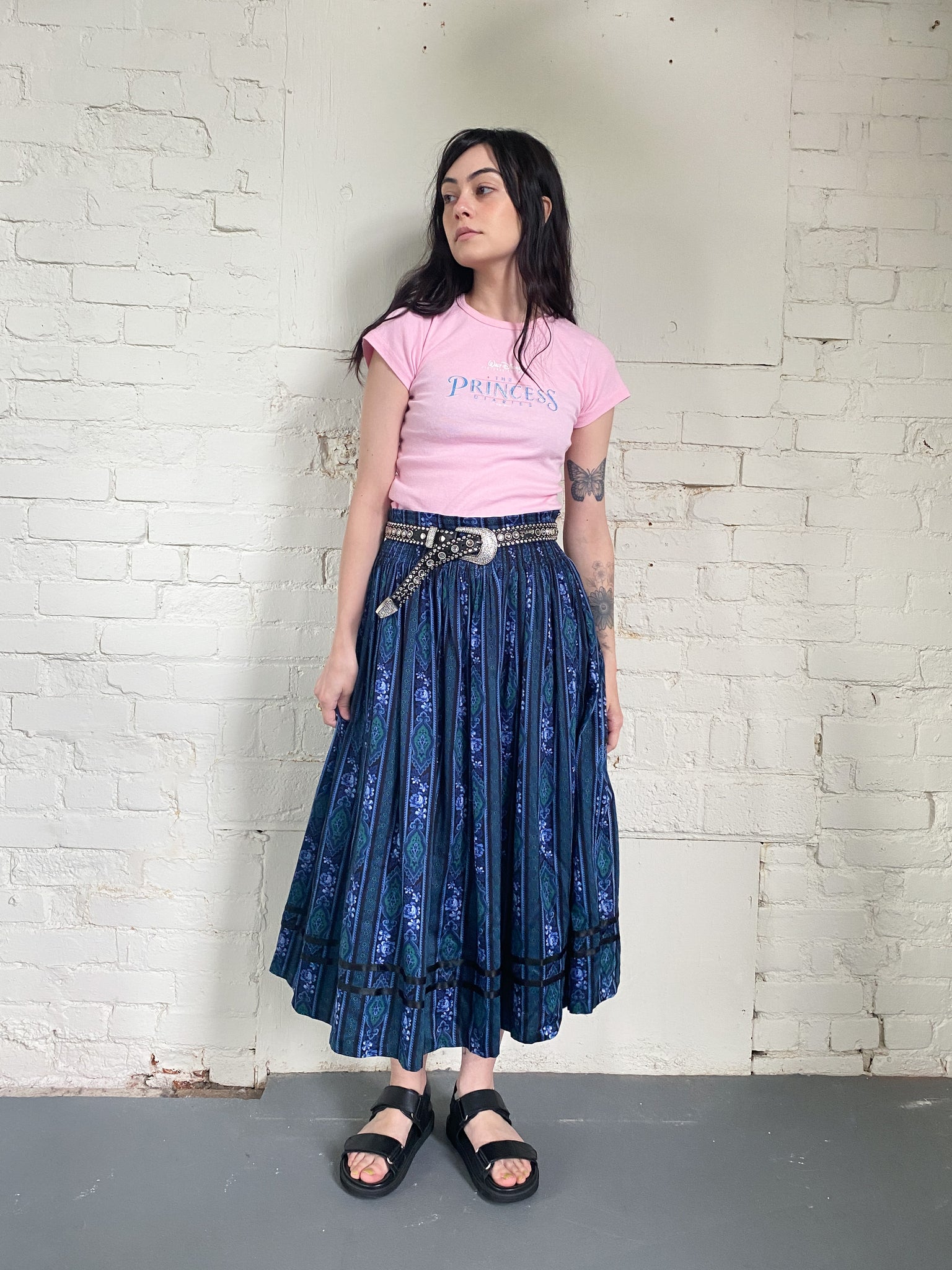 Alpen Trachten 100% Cotton Blue and Green Floral Print Midi Skirt (S)