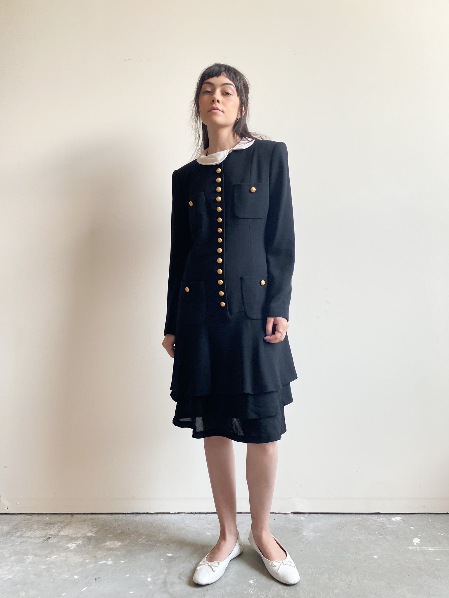 Vintage Rena Lange Wool & Silk Black Dress with White Collar and Gold Buttons (M)