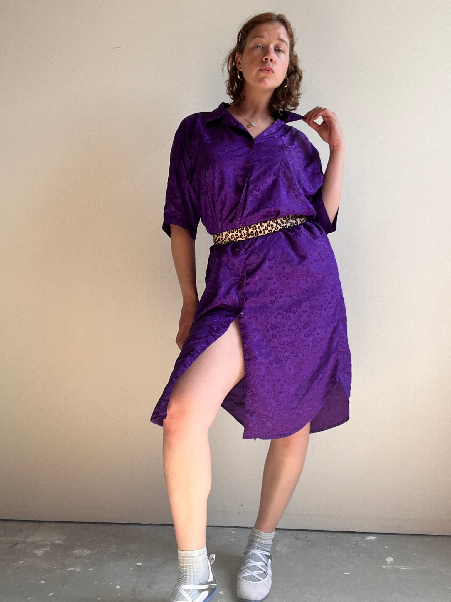 Vintage Purple Short Sleeve Floral Print Button Down Dress (XXXL)