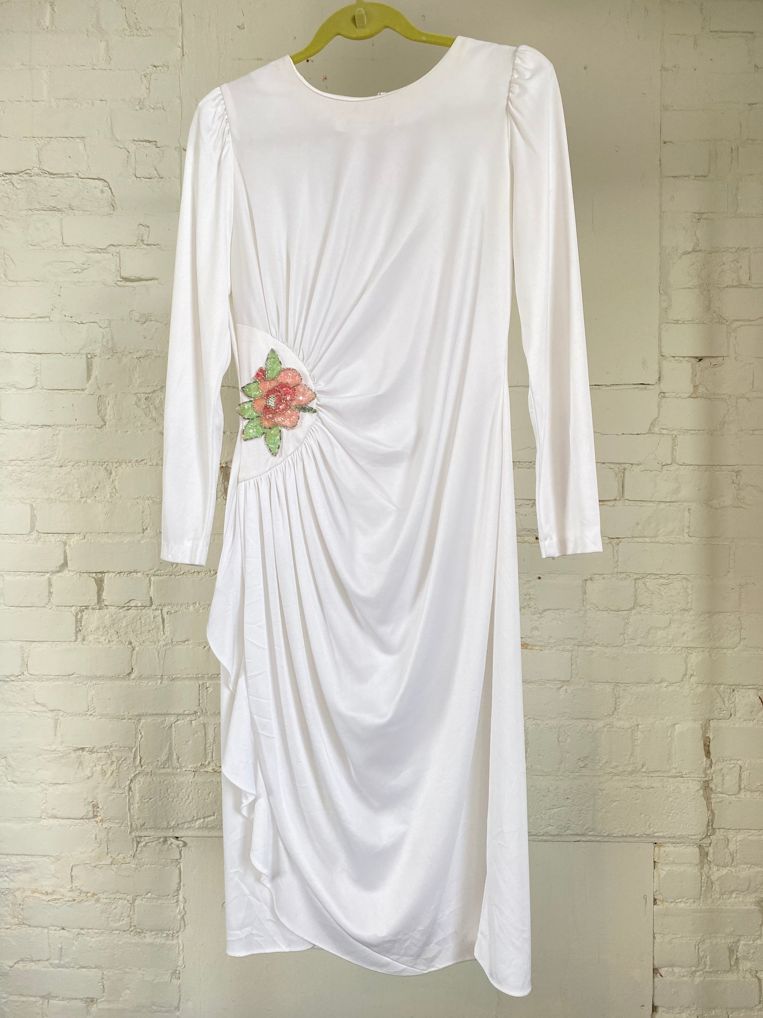White Vintage Dress with Sequin Floral Applique (S)