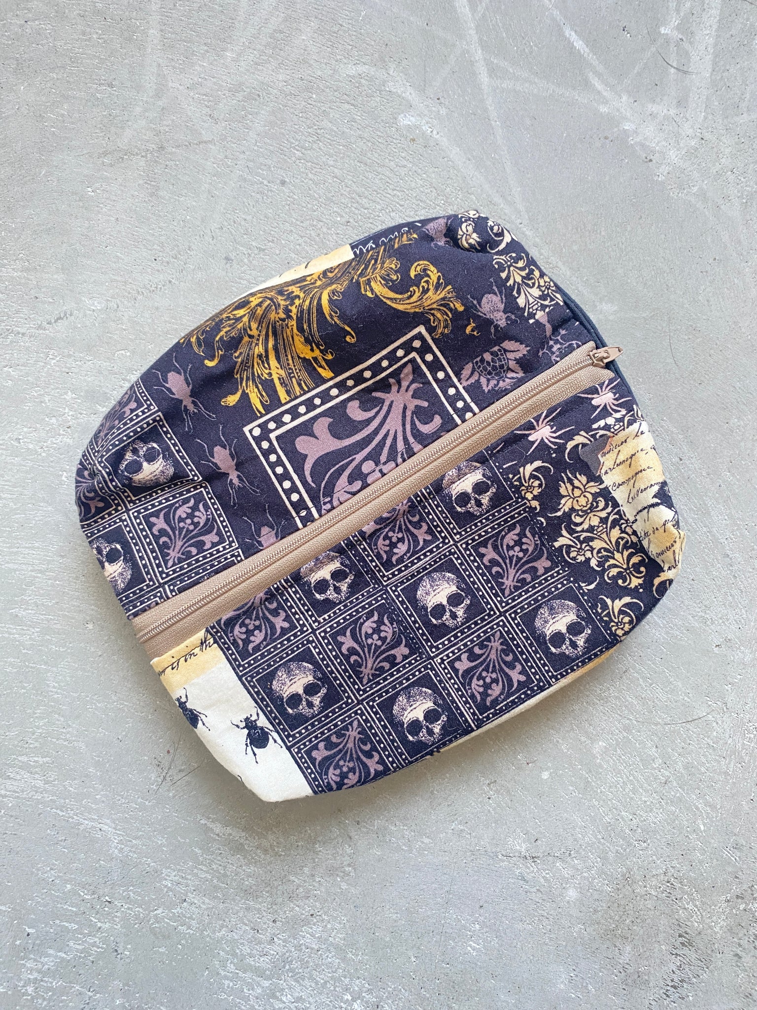 Handmade Black Skull and Crow Patterned Zipper Pouch