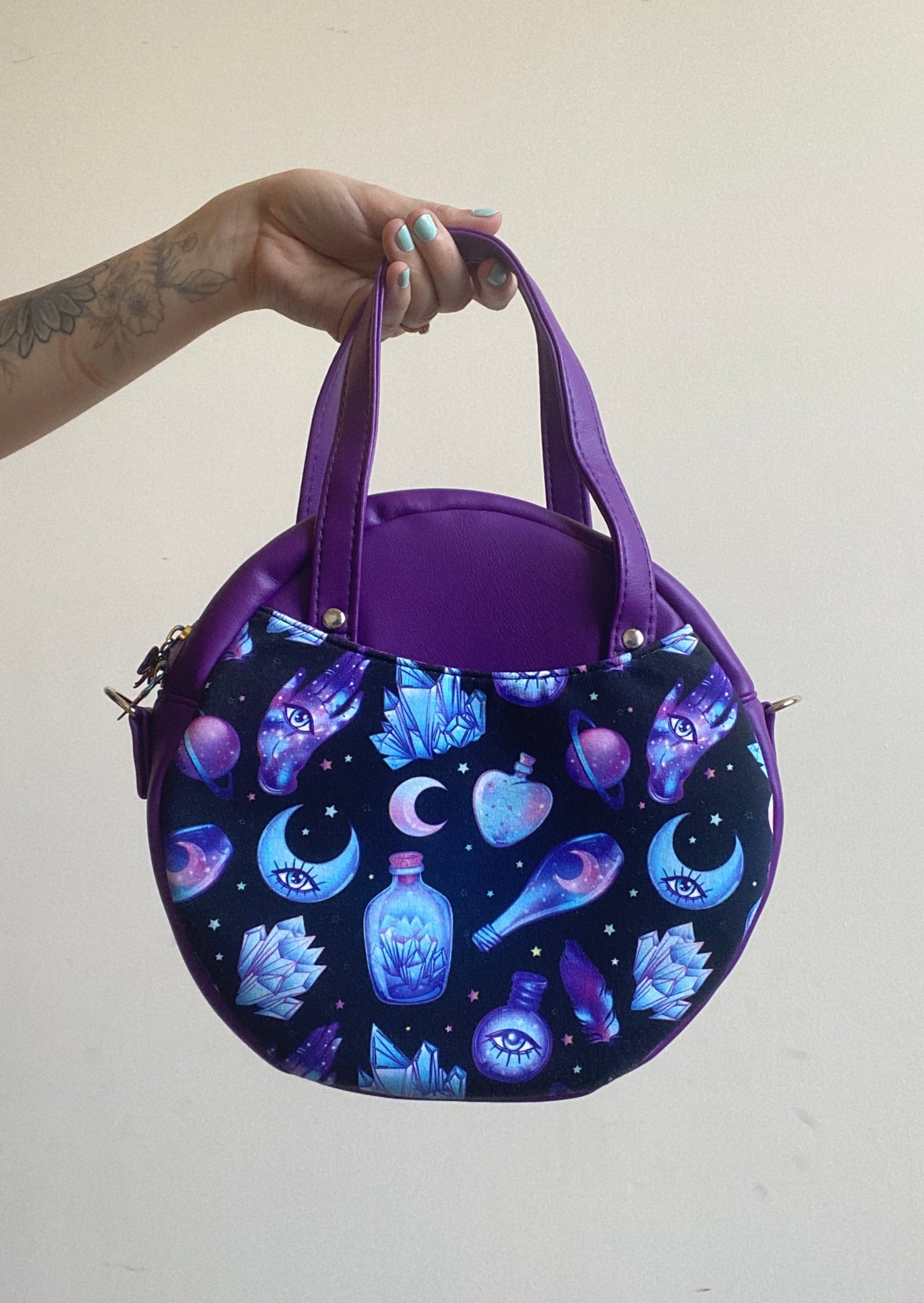 Custom Made Purple and Blue Witchy Print Round Shoulder Bag