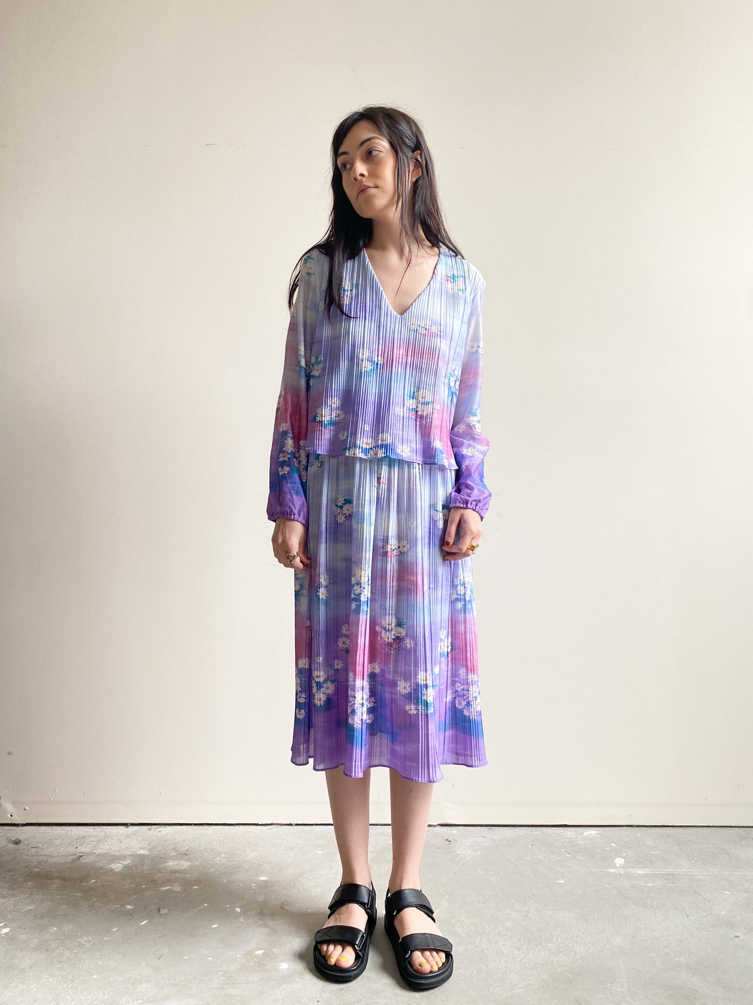 Vintage Pastel Pink, Purple and Blue Floral Print Long Sleeve Dress (M)