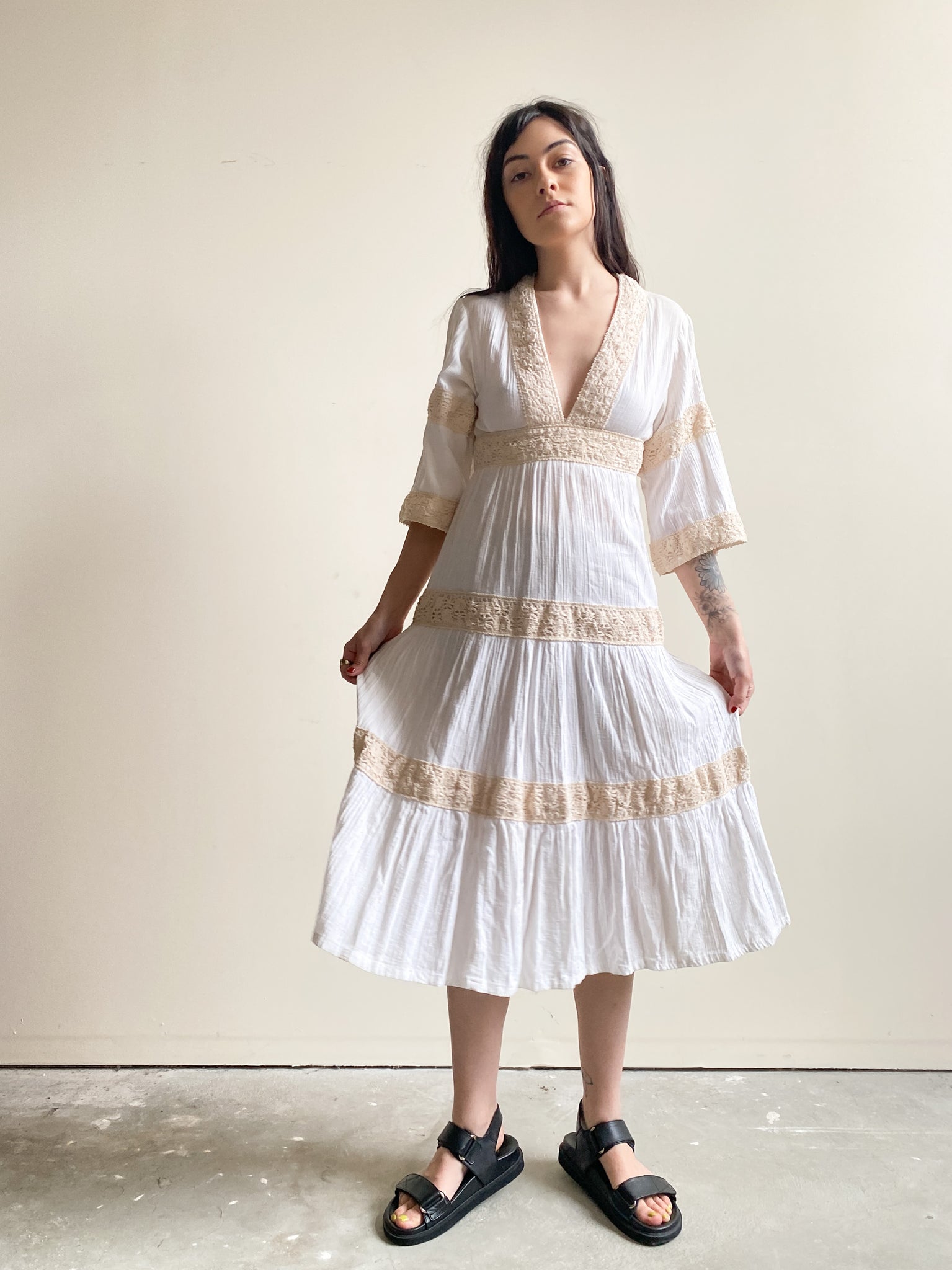 Vintage White Cotton + Cream Lace Trimmed Maxi Prairie Dress by Monet of London (XS)