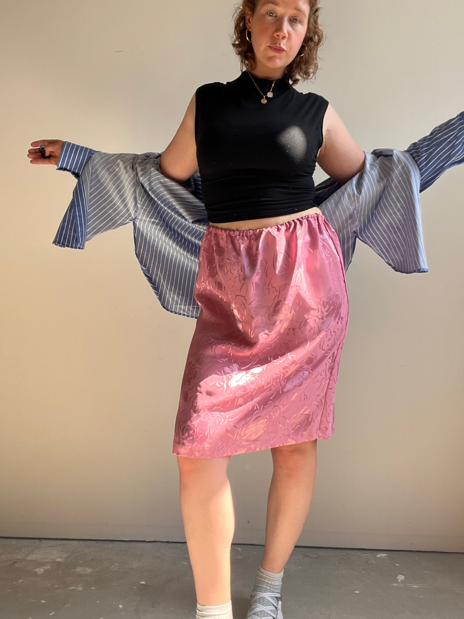 Vintage Elastic Waist Pink Slip Skirt (XL-XXXL)