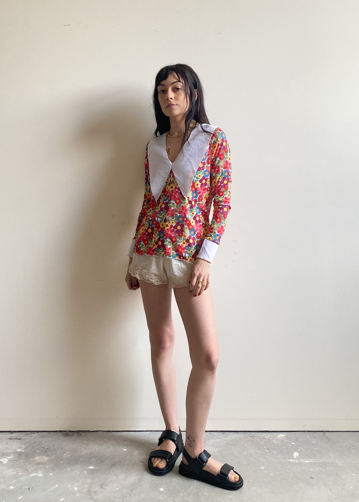 Vintage Television City Floral Multicolor Top with Oversized Collar (S)