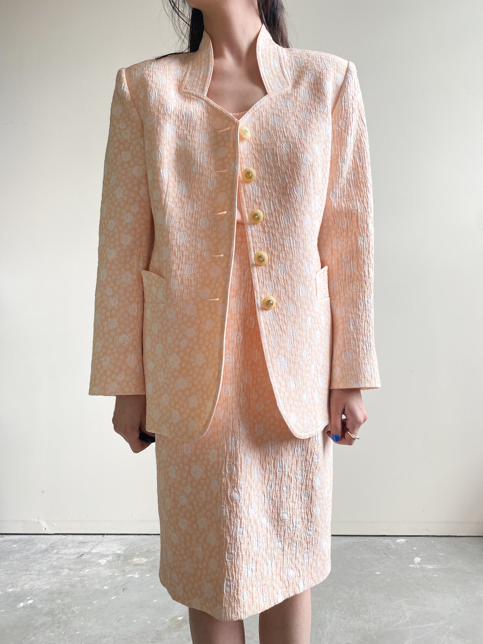 Vintage Elsa Mahr Pink Patterned Three Piece Skirt Suit (S)