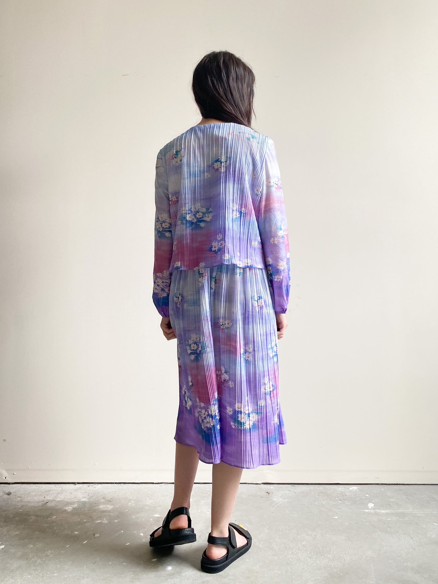 Vintage Pastel Pink, Purple and Blue Floral Print Long Sleeve Dress (M)