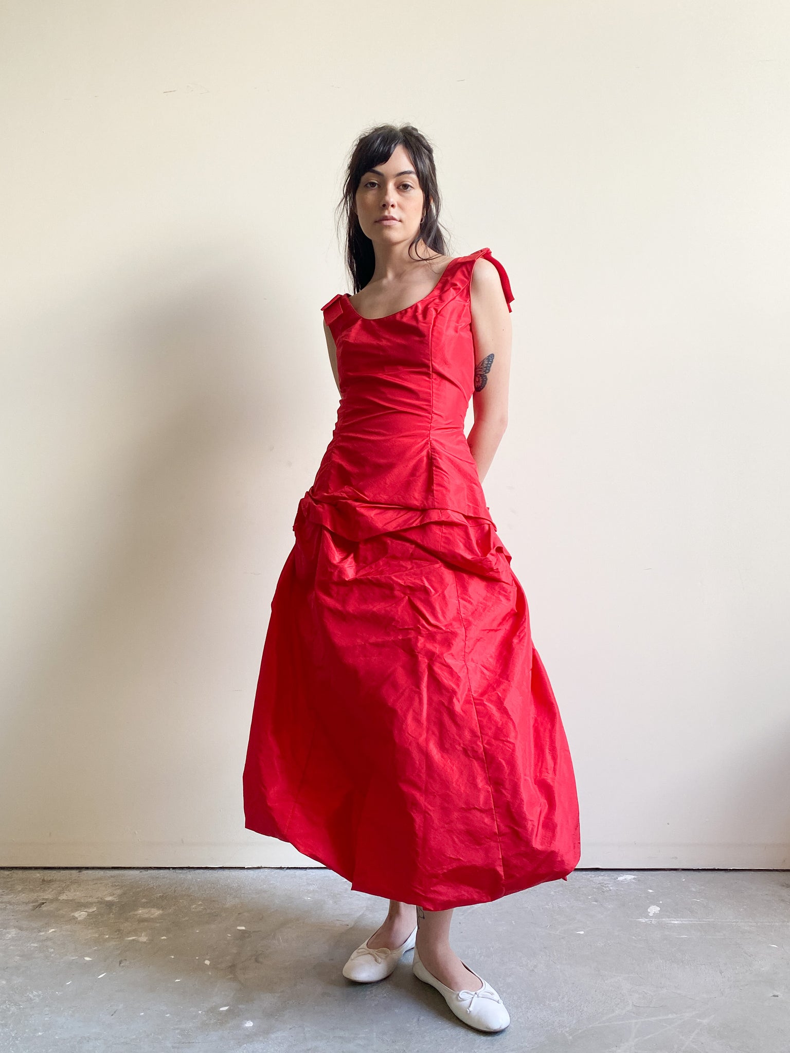 Vintage Red Ruched Evening Gown (XS)