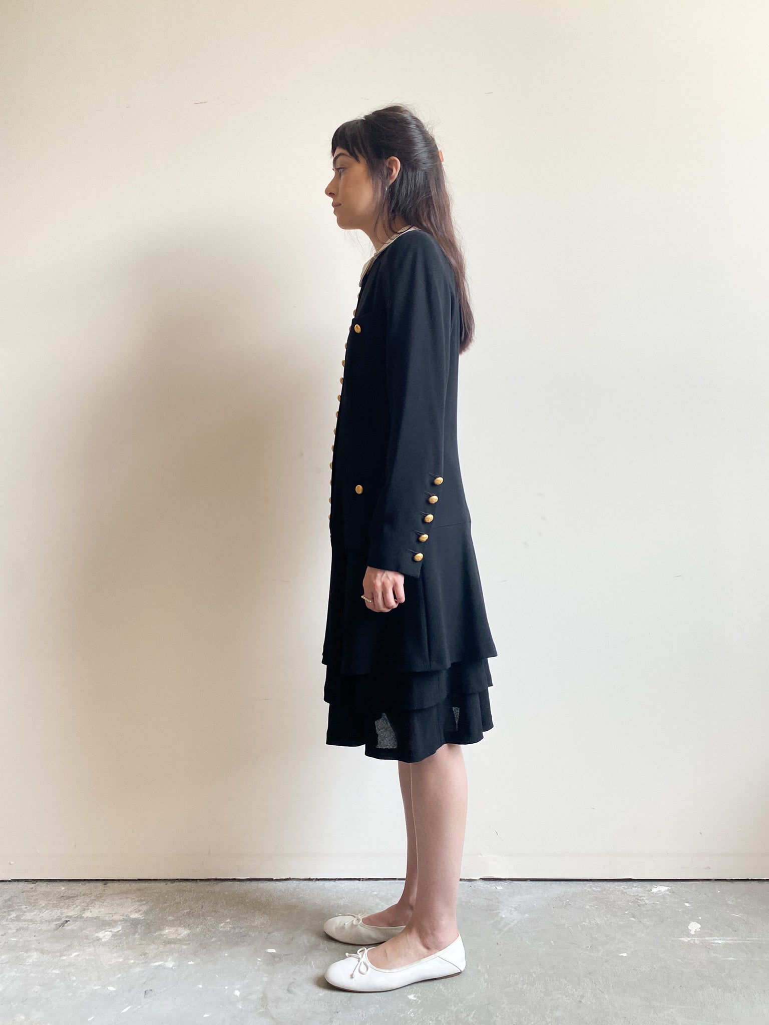 Vintage Rena Lange Wool & Silk Black Dress with White Collar and Gold Buttons (M)