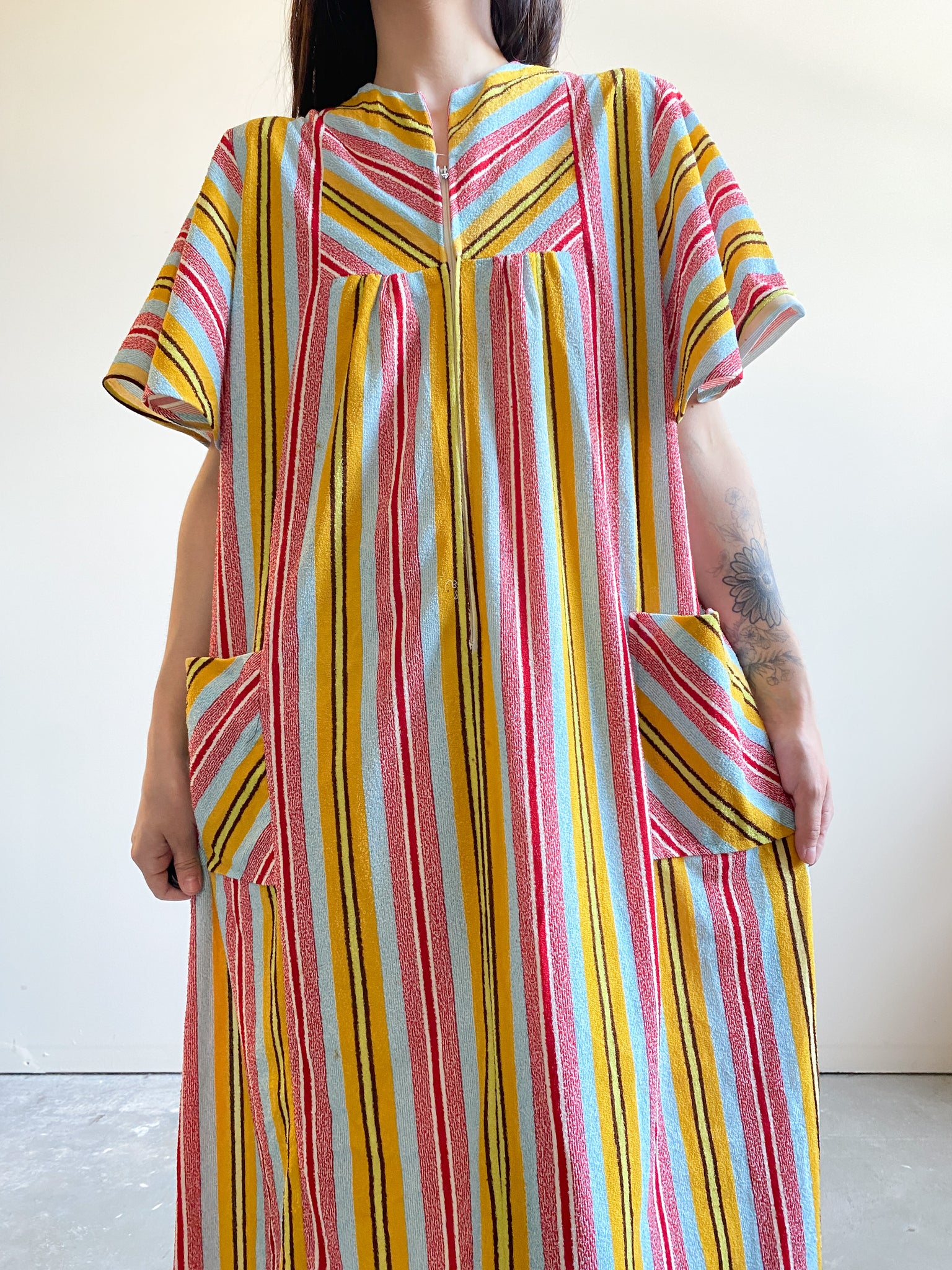 Vintage Striped Short Sleeve Terry Cloth Dress with Pockets (L)