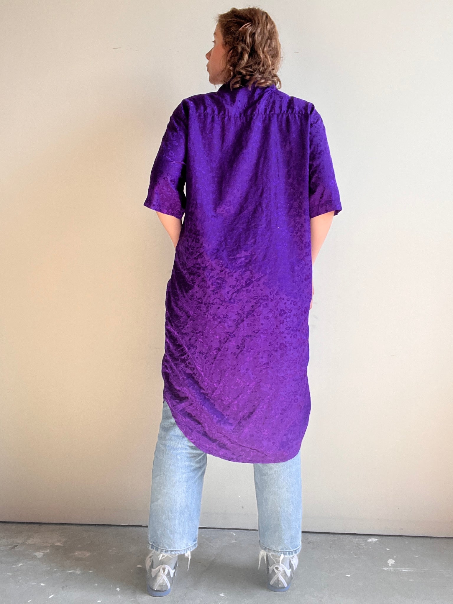 Vintage Purple Short Sleeve Floral Print Button Down Dress (XXXL)