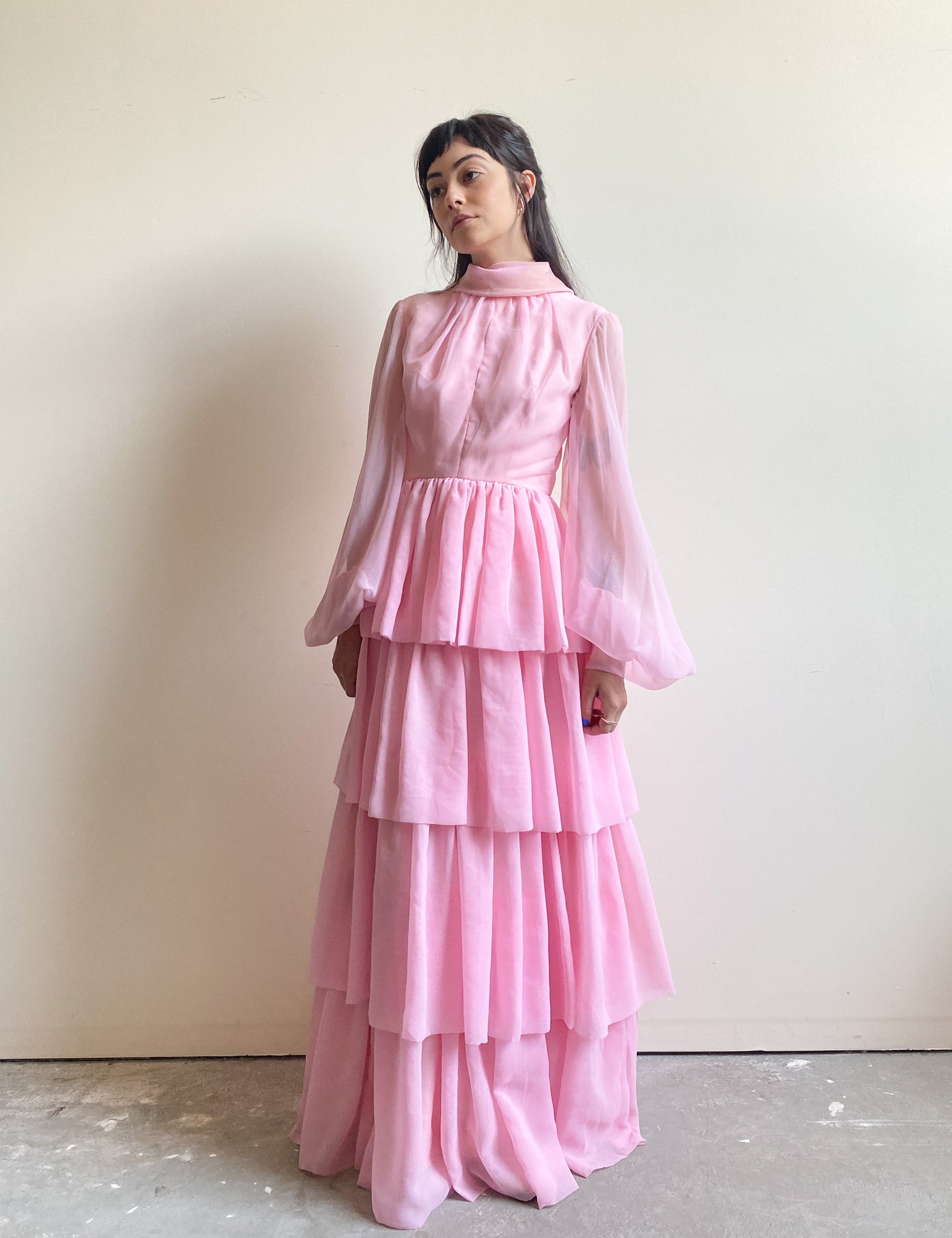Vintage Light Pink Ruffle Evening Gown (S)