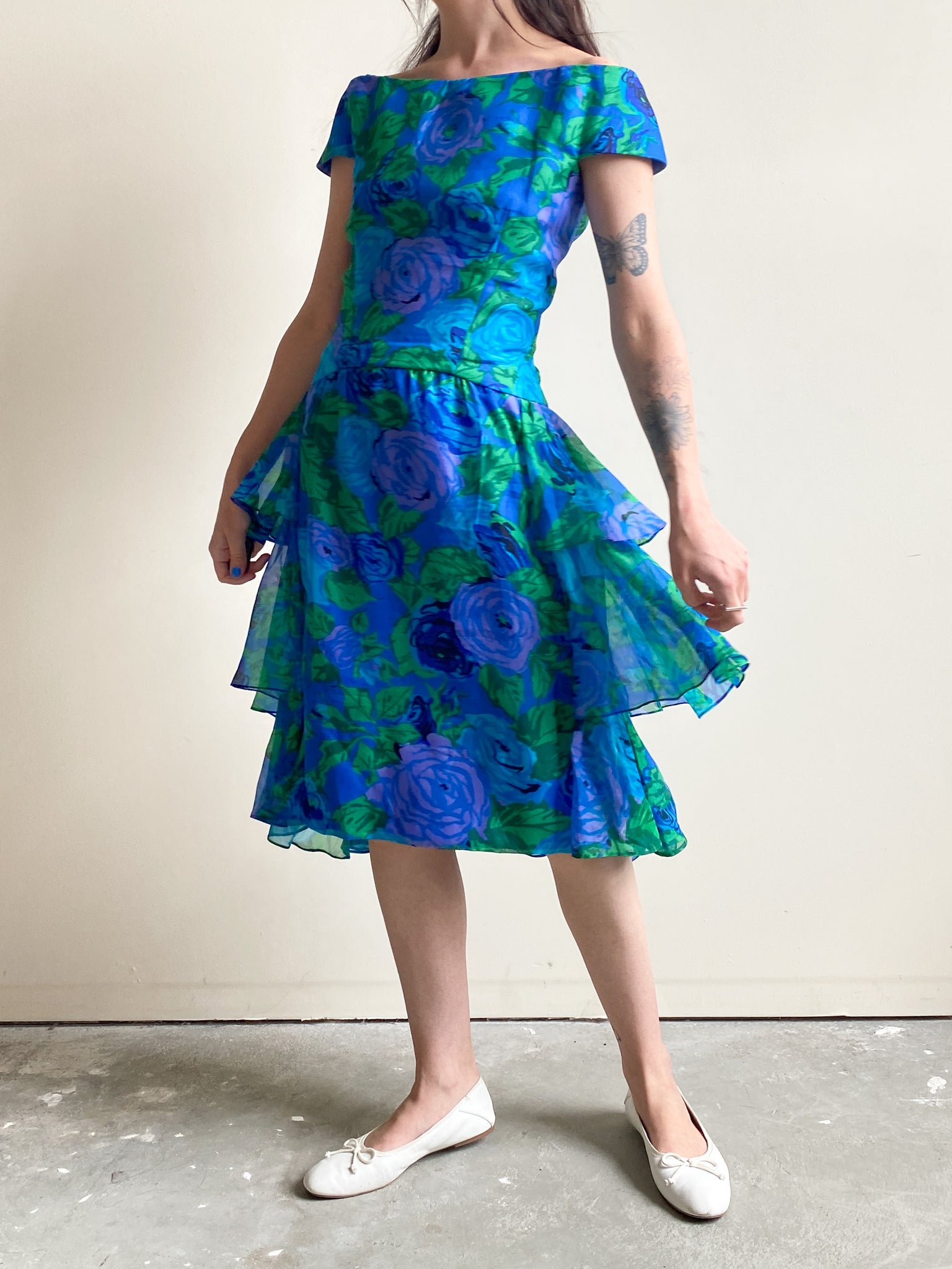 Vintage Elizabeth Arden Blue, Green, & Purple Floral Off-the-Shoulder Dress (S)