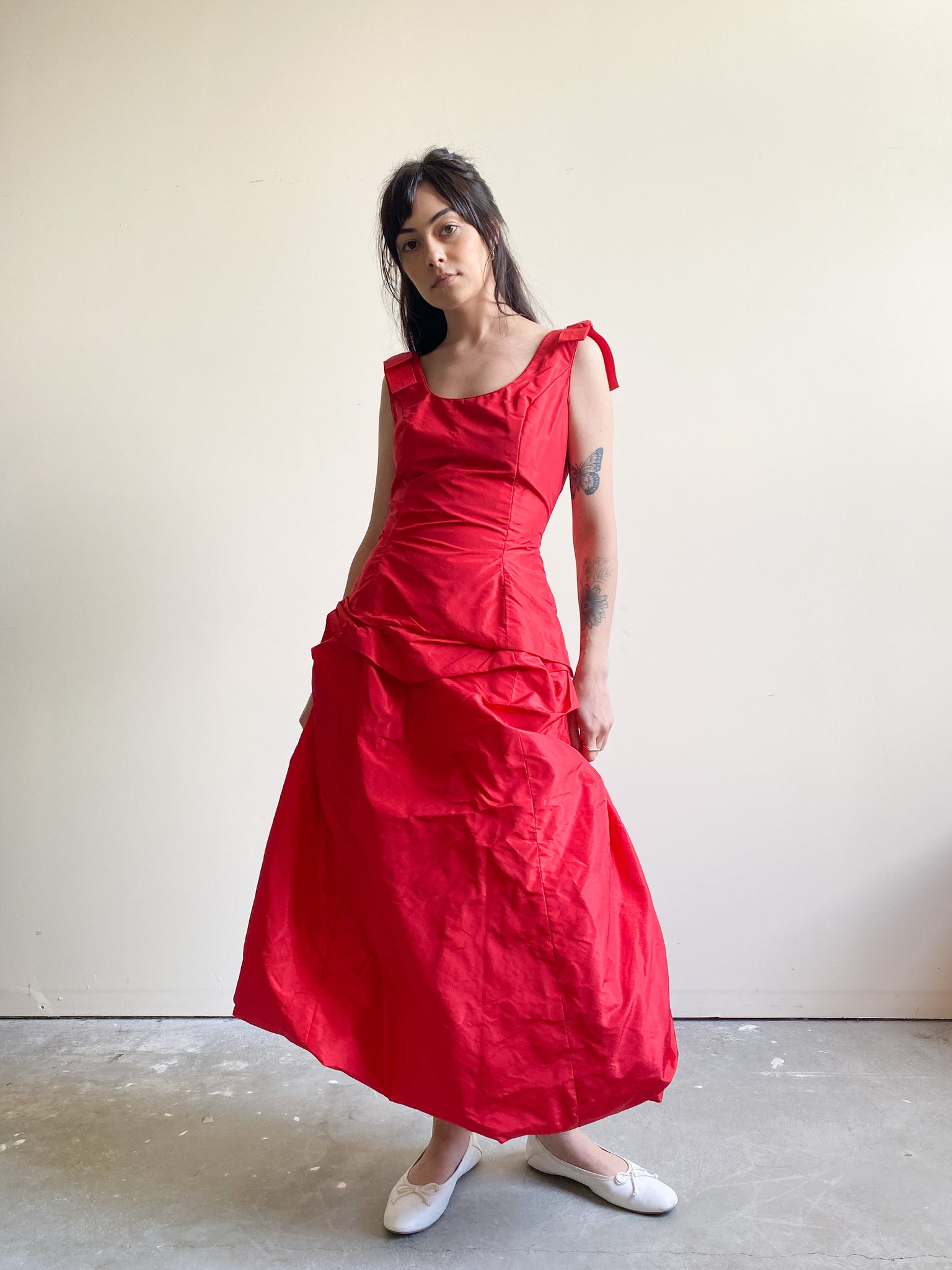 Vintage Red Ruched Evening Gown (XS)