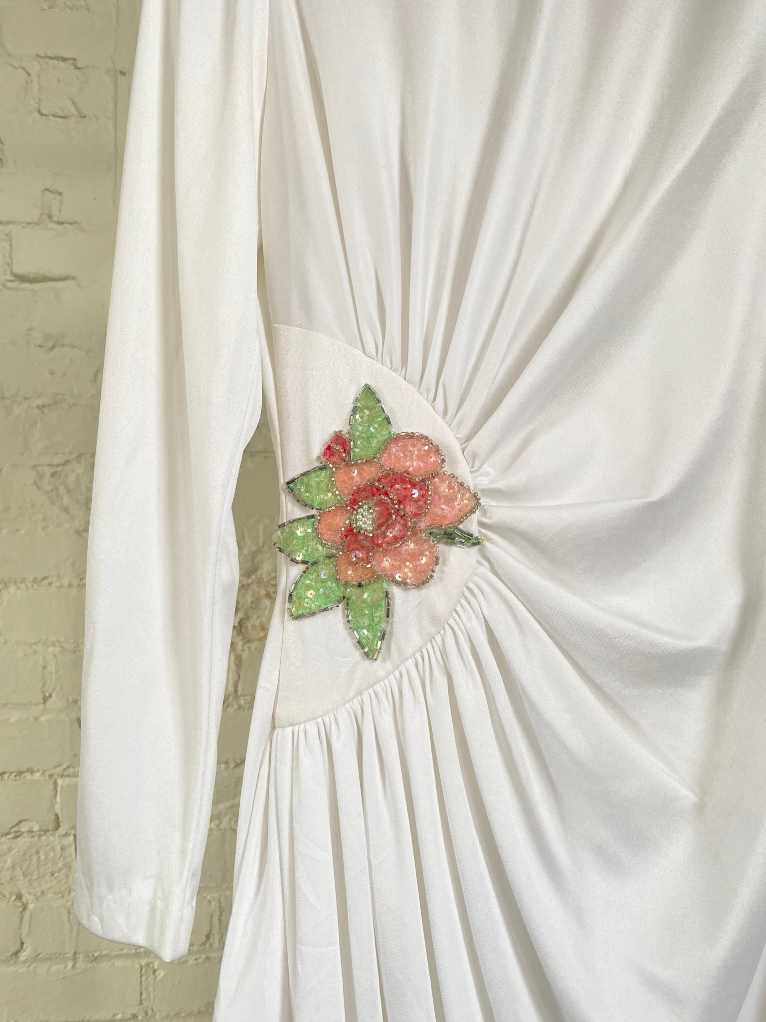 White Vintage Dress with Sequin Floral Applique (S)