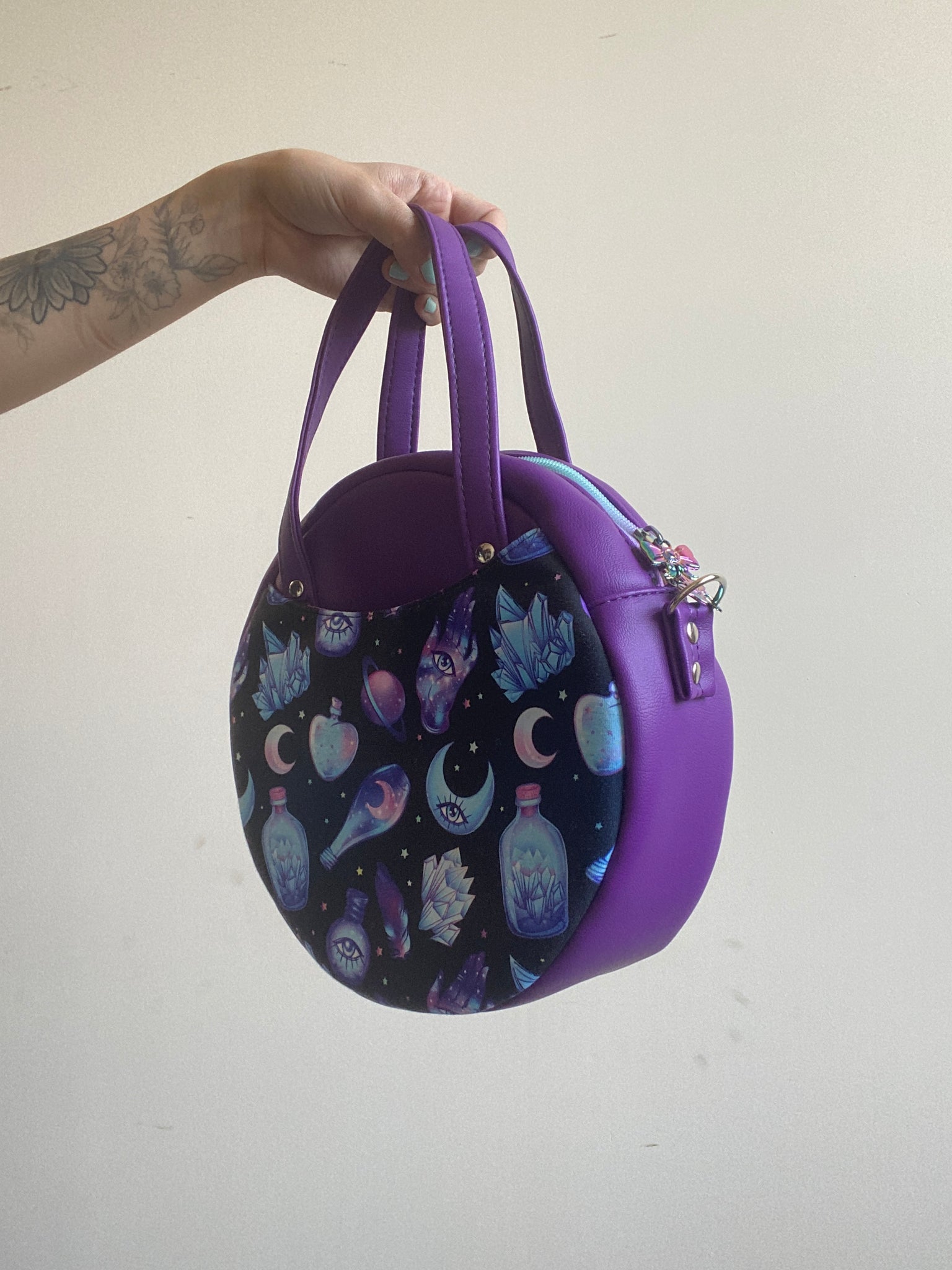 Custom Made Purple and Blue Witchy Print Round Shoulder Bag