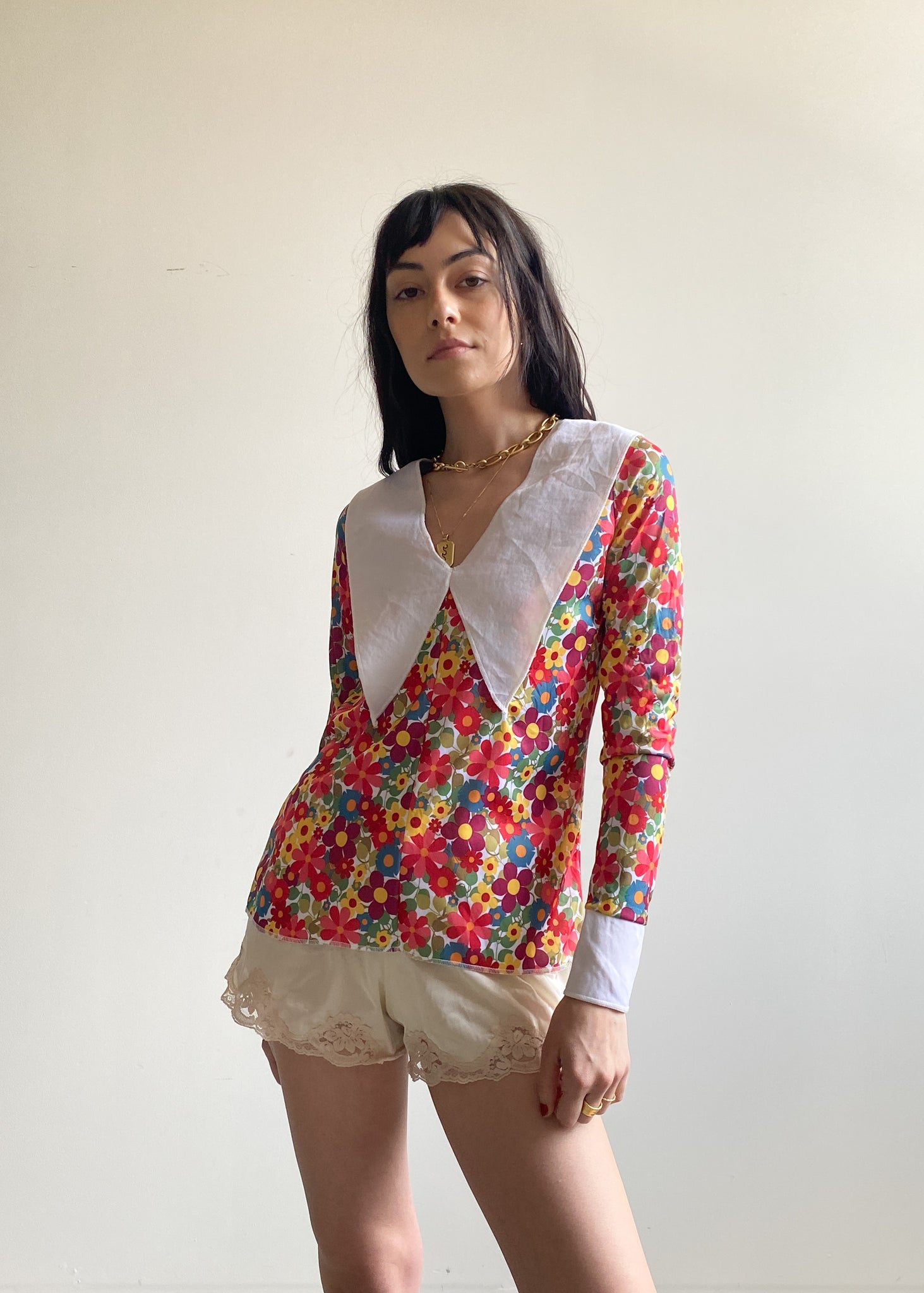 Vintage Television City Floral Multicolor Top with Oversized Collar (S)