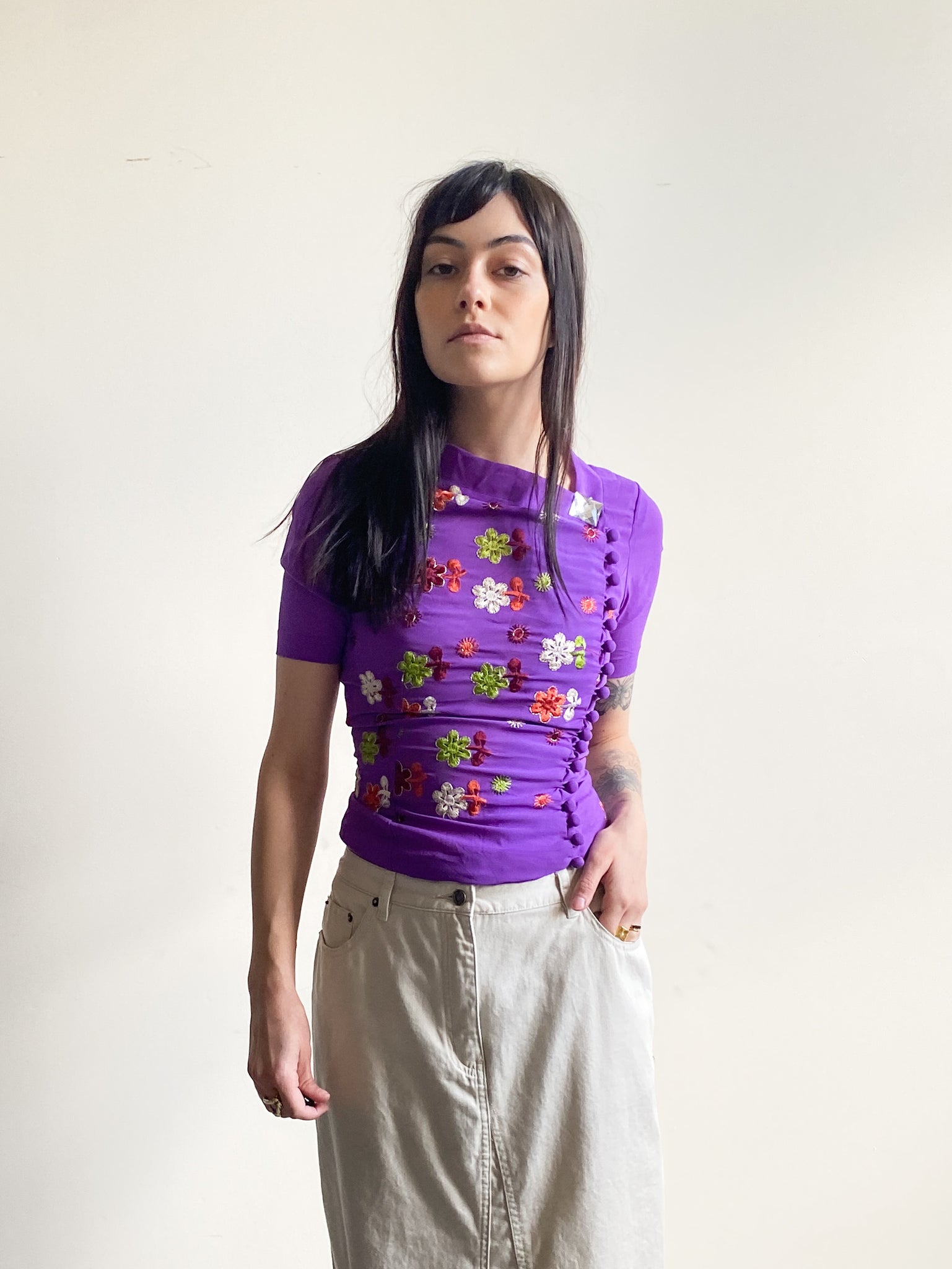 Vintage Purple Button Up Blouse with Embroidery (XXS/XS)