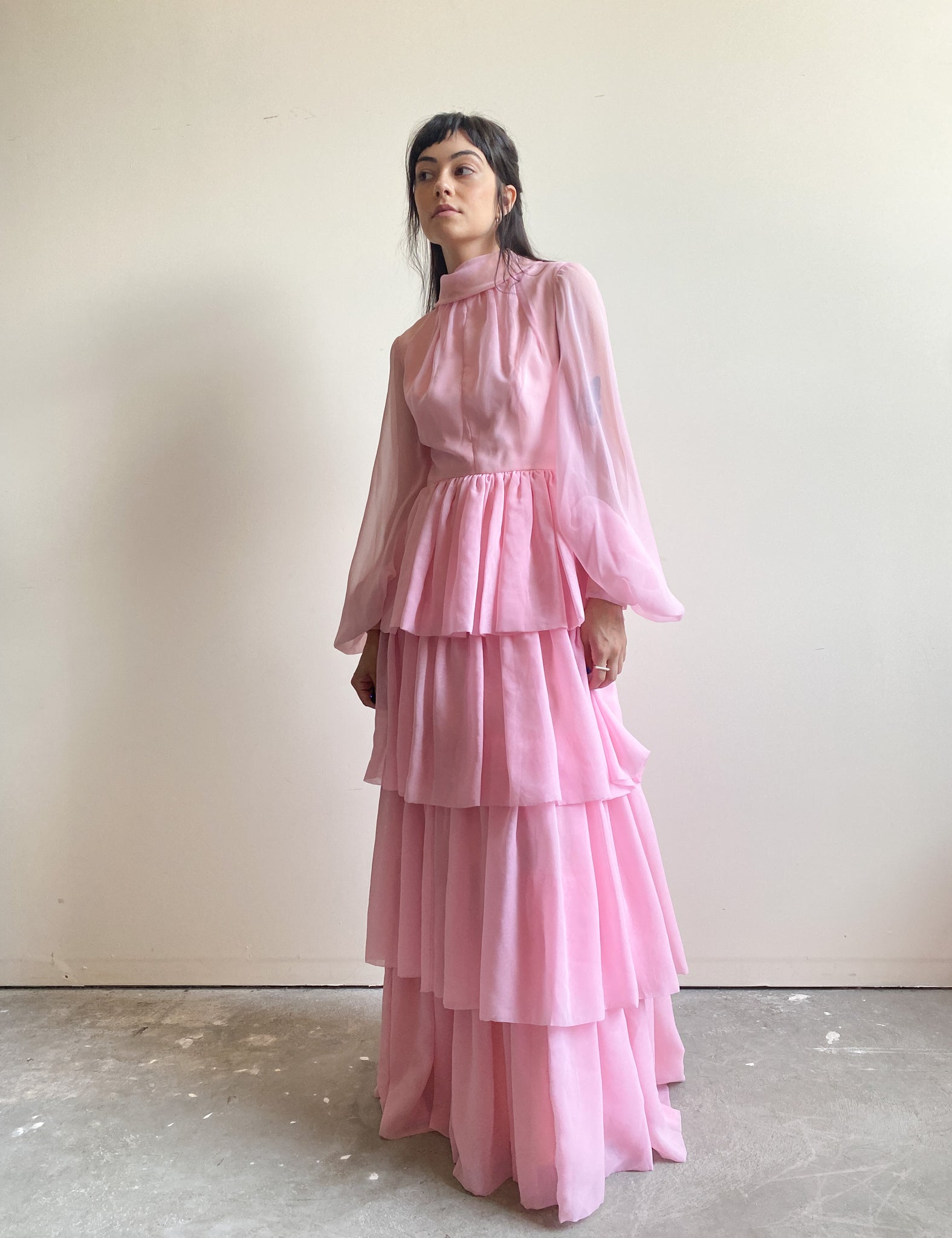 Vintage Light Pink Ruffle Evening Gown (S)