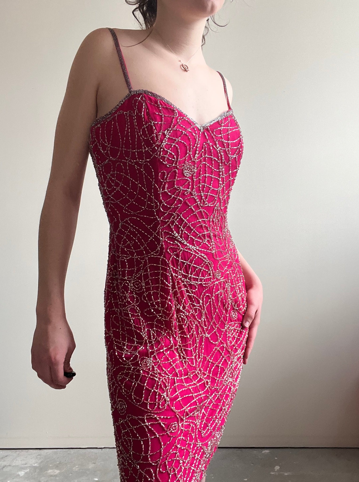 Vintage 100% Silk Pink Beaded Cocktail Dress (M)