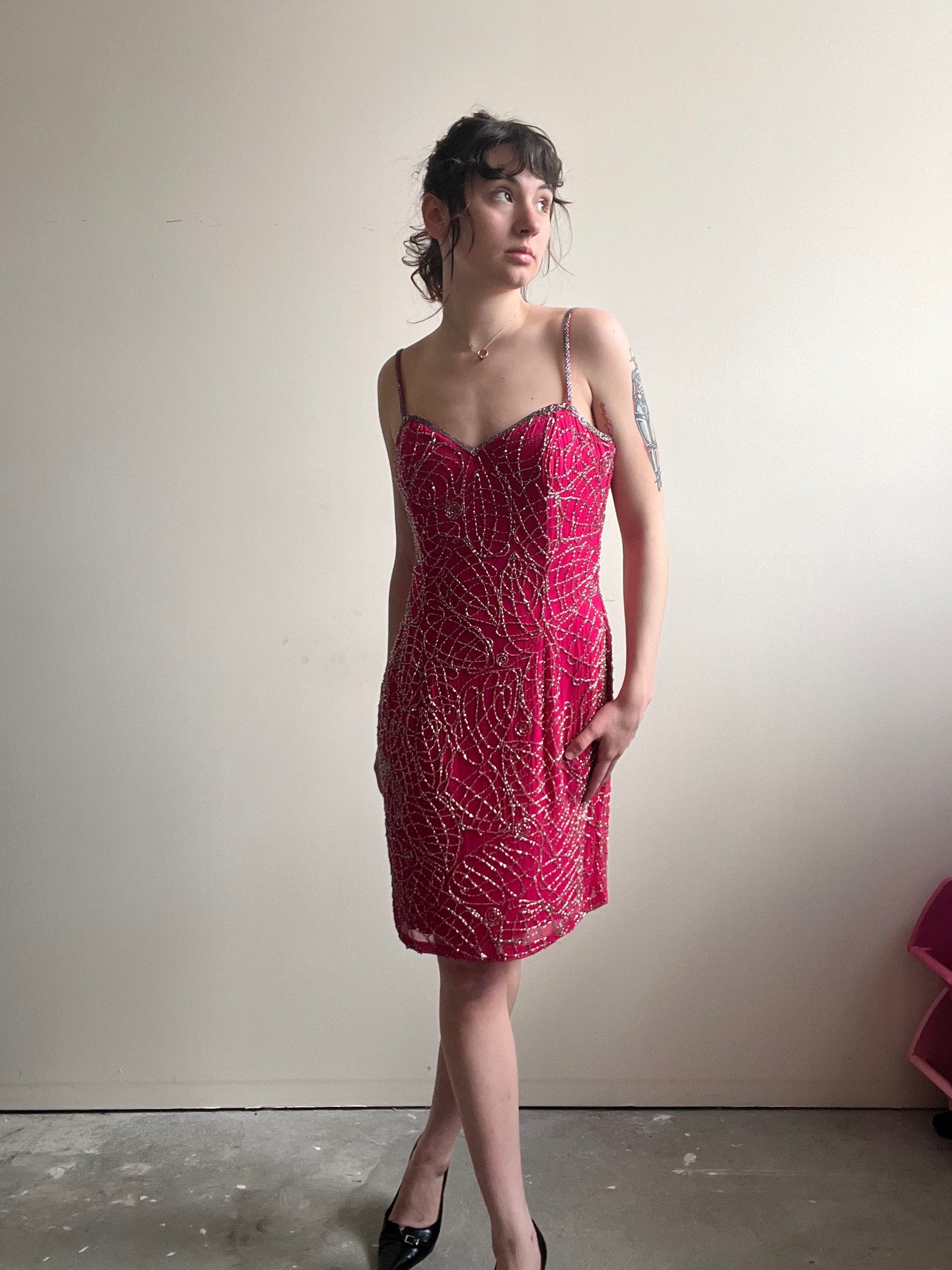 Vintage 100% Silk Pink Beaded Cocktail Dress (M)