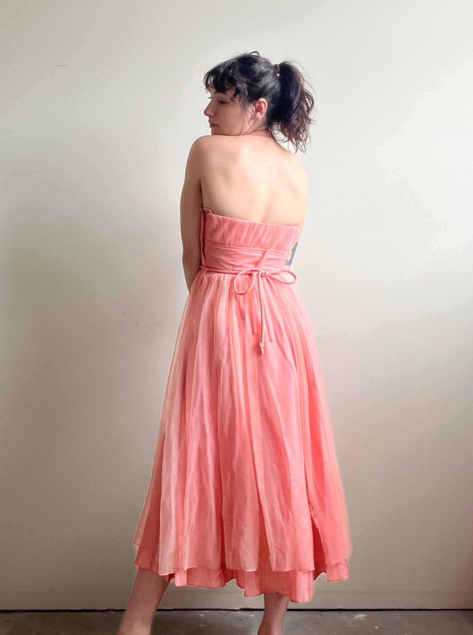 Vintage Pink Strapless Mesh Halter Dress (S)