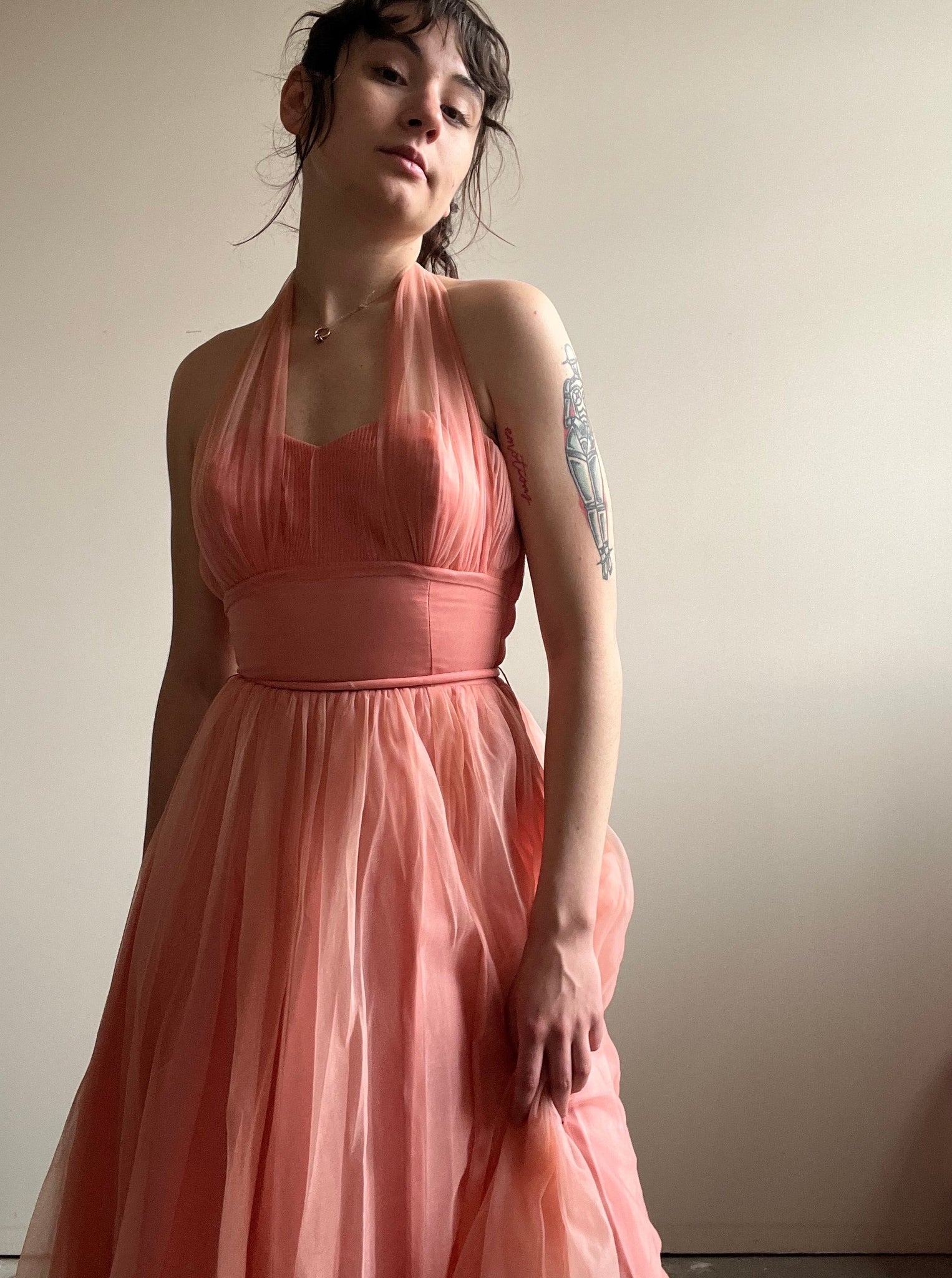 Vintage Pink Strapless Mesh Halter Dress (S)