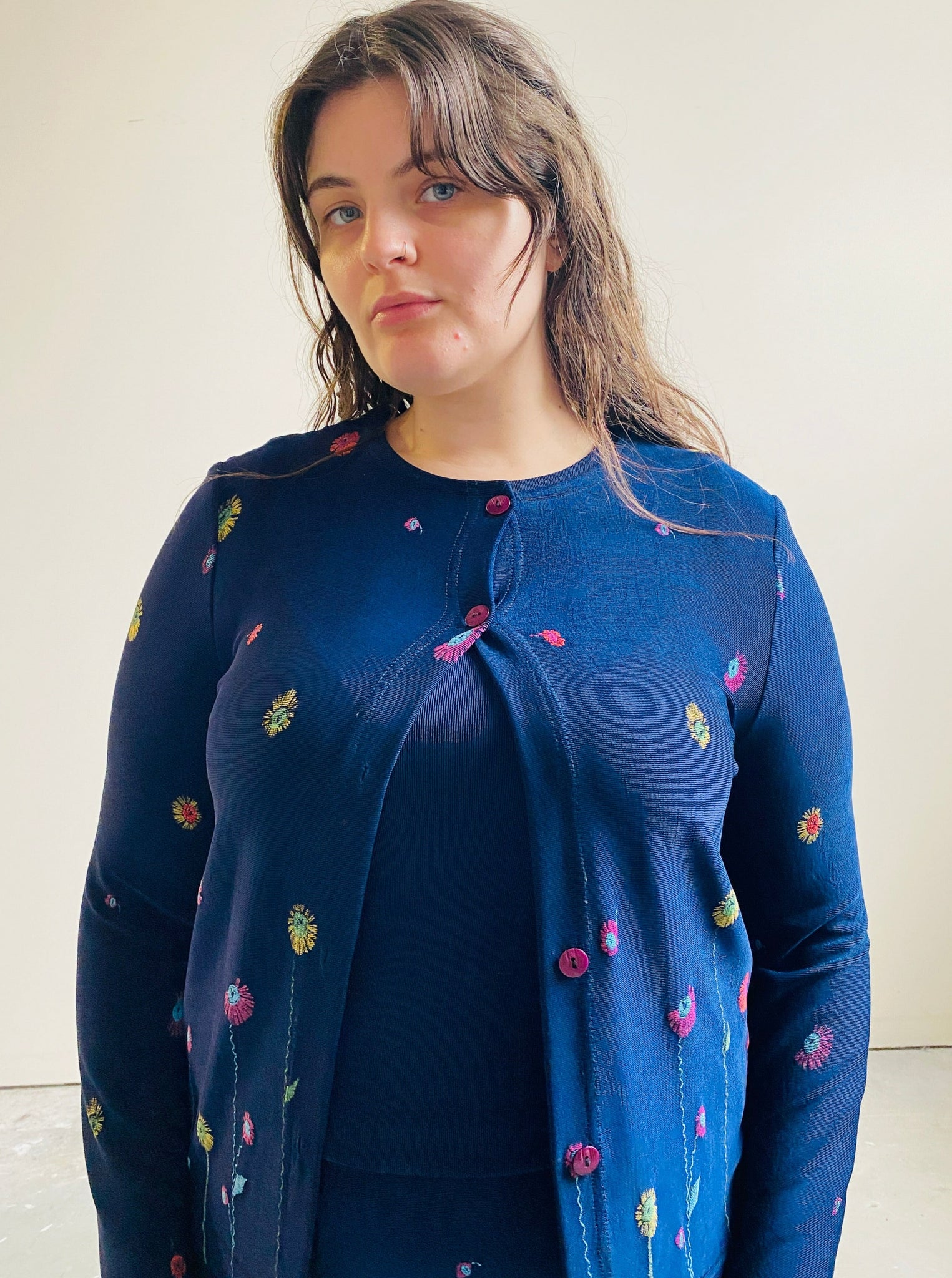 Flower Embroidered Navy Cardigan (S/M)