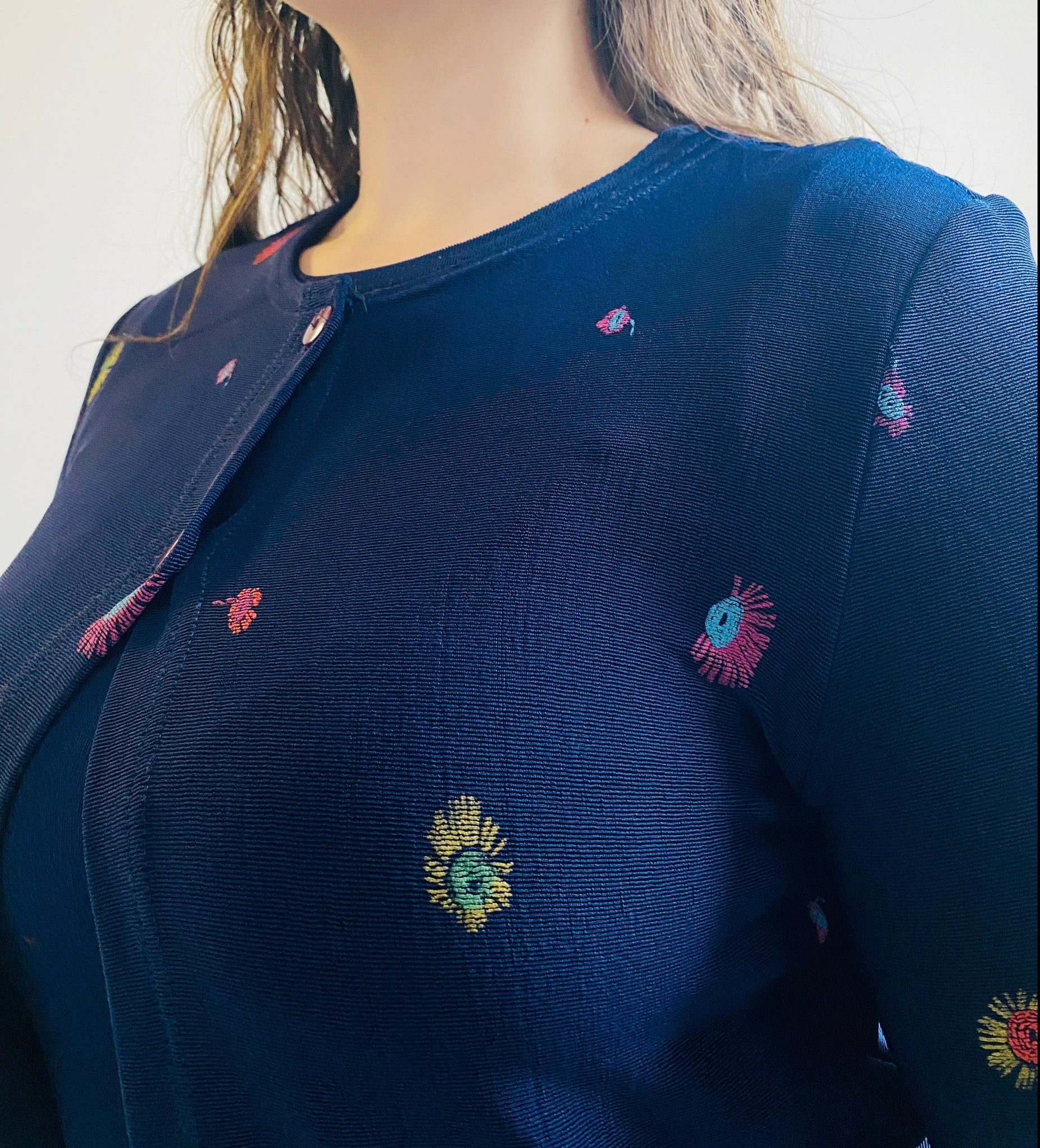 Flower Embroidered Navy Cardigan (S/M)