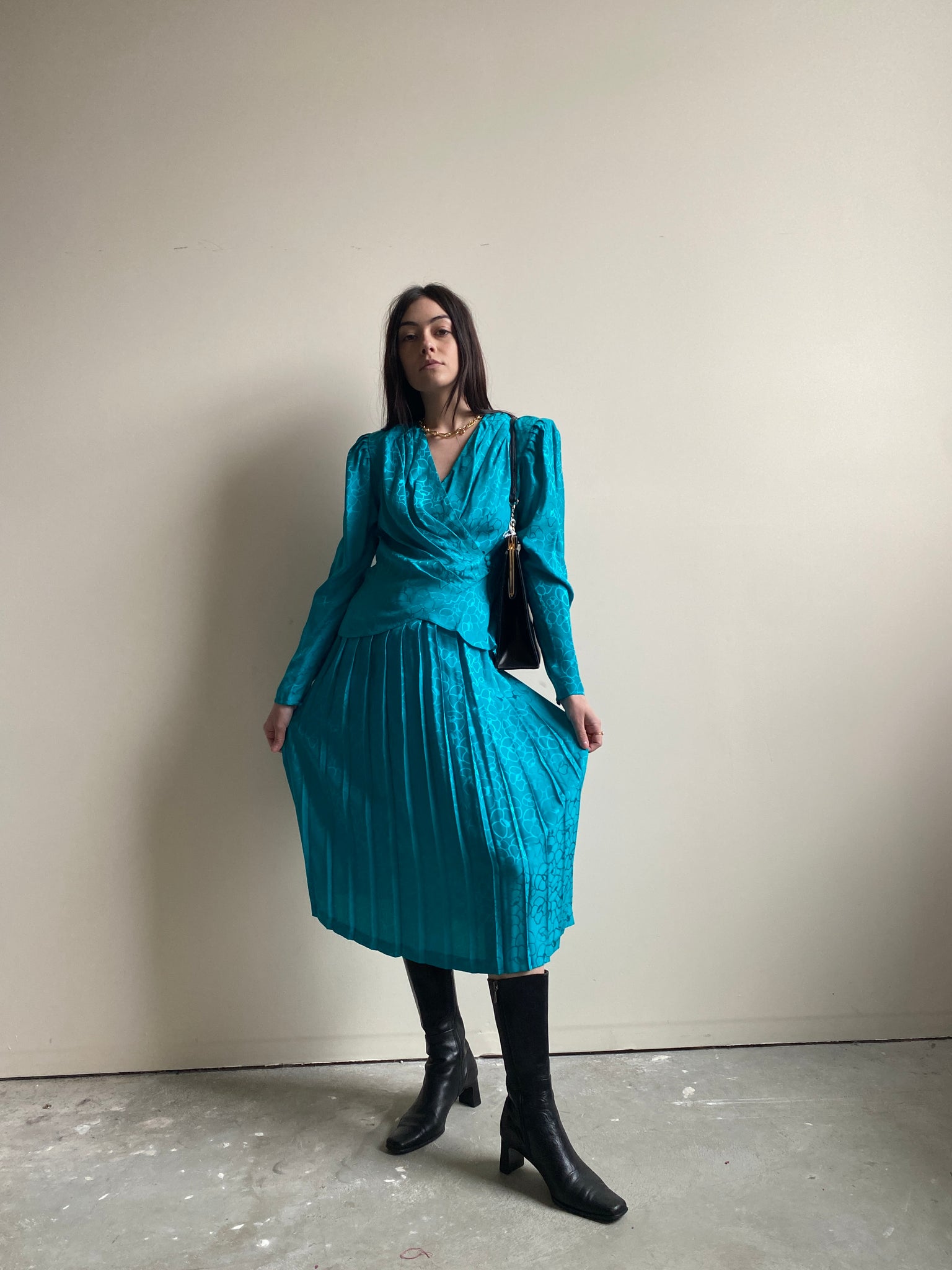 Teal Silk Blouse and Skirt Matching Set (XS)
