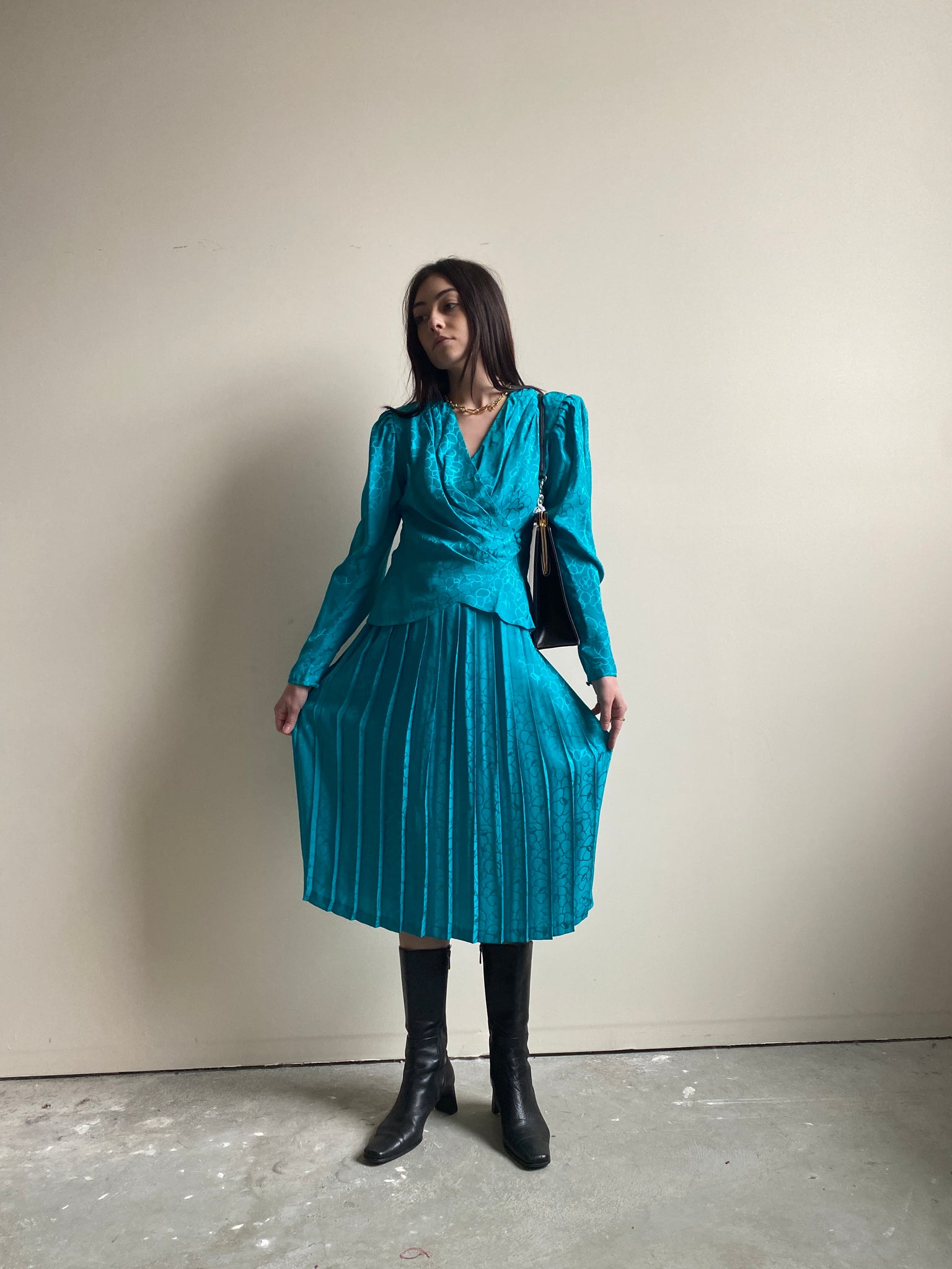 Teal Silk Blouse and Skirt Matching Set (XS)