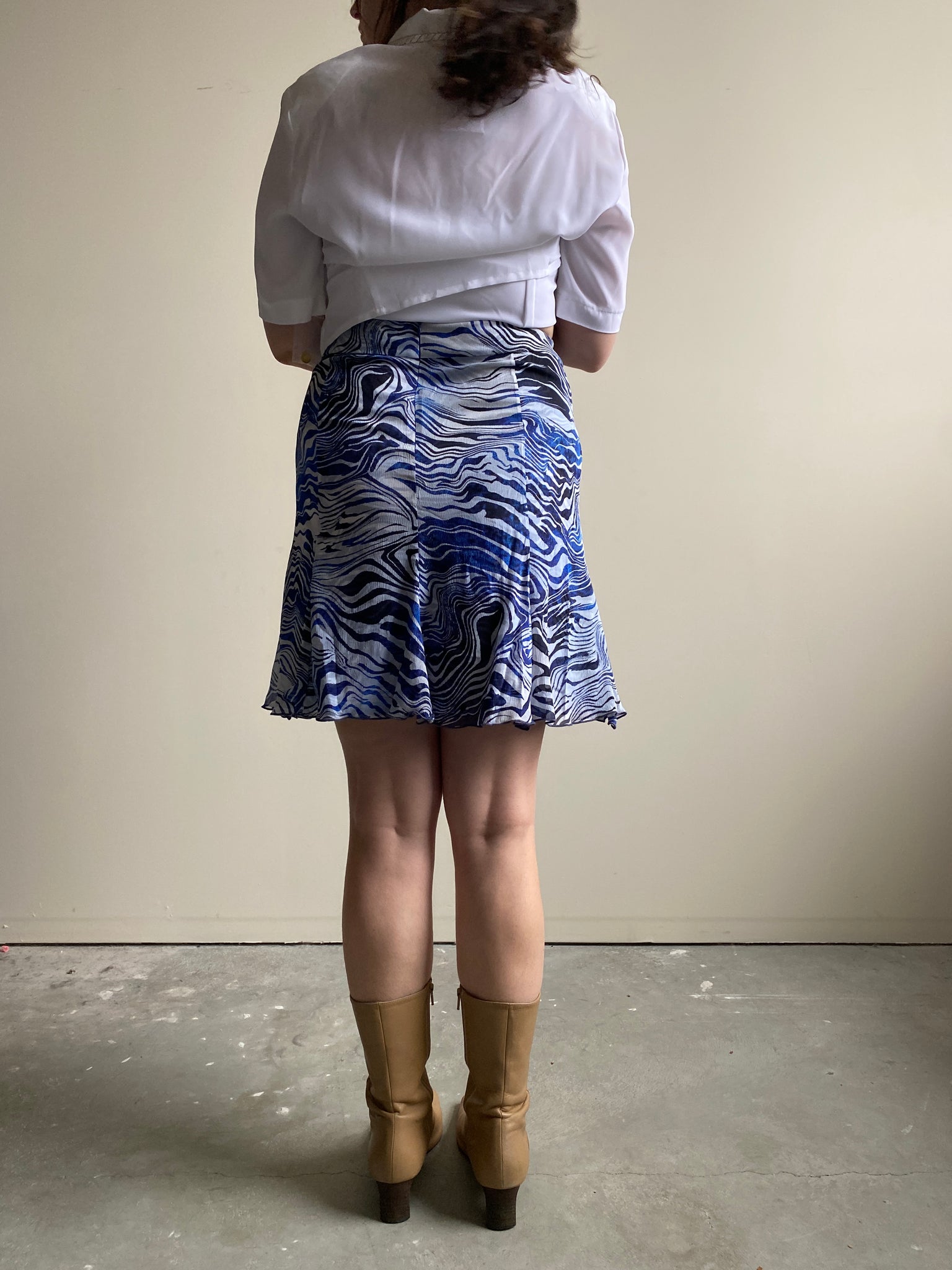 Blue, white, and black funky silk skirt by Leggiadro (S)