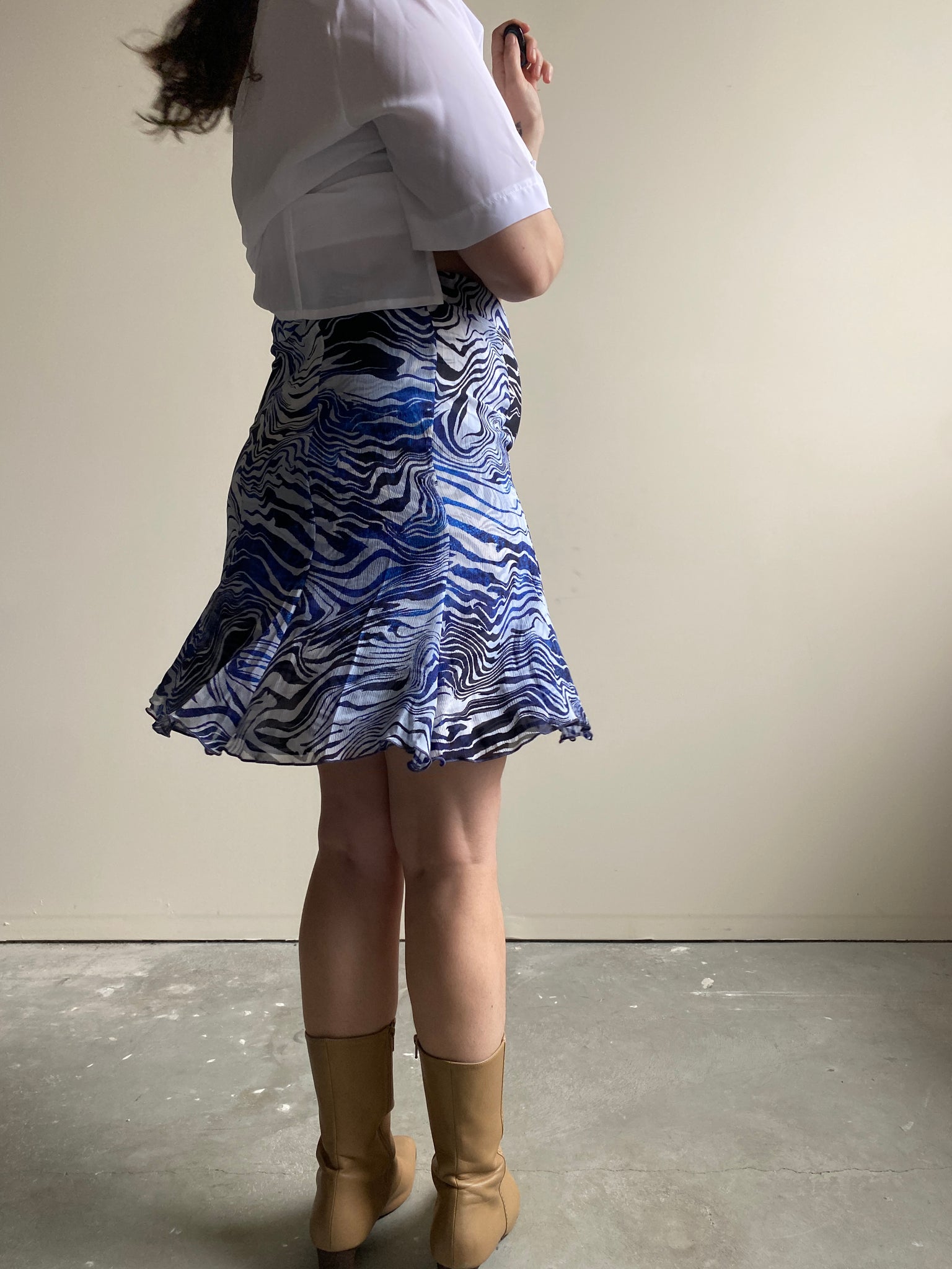 Blue, white, and black funky silk skirt by Leggiadro (S)