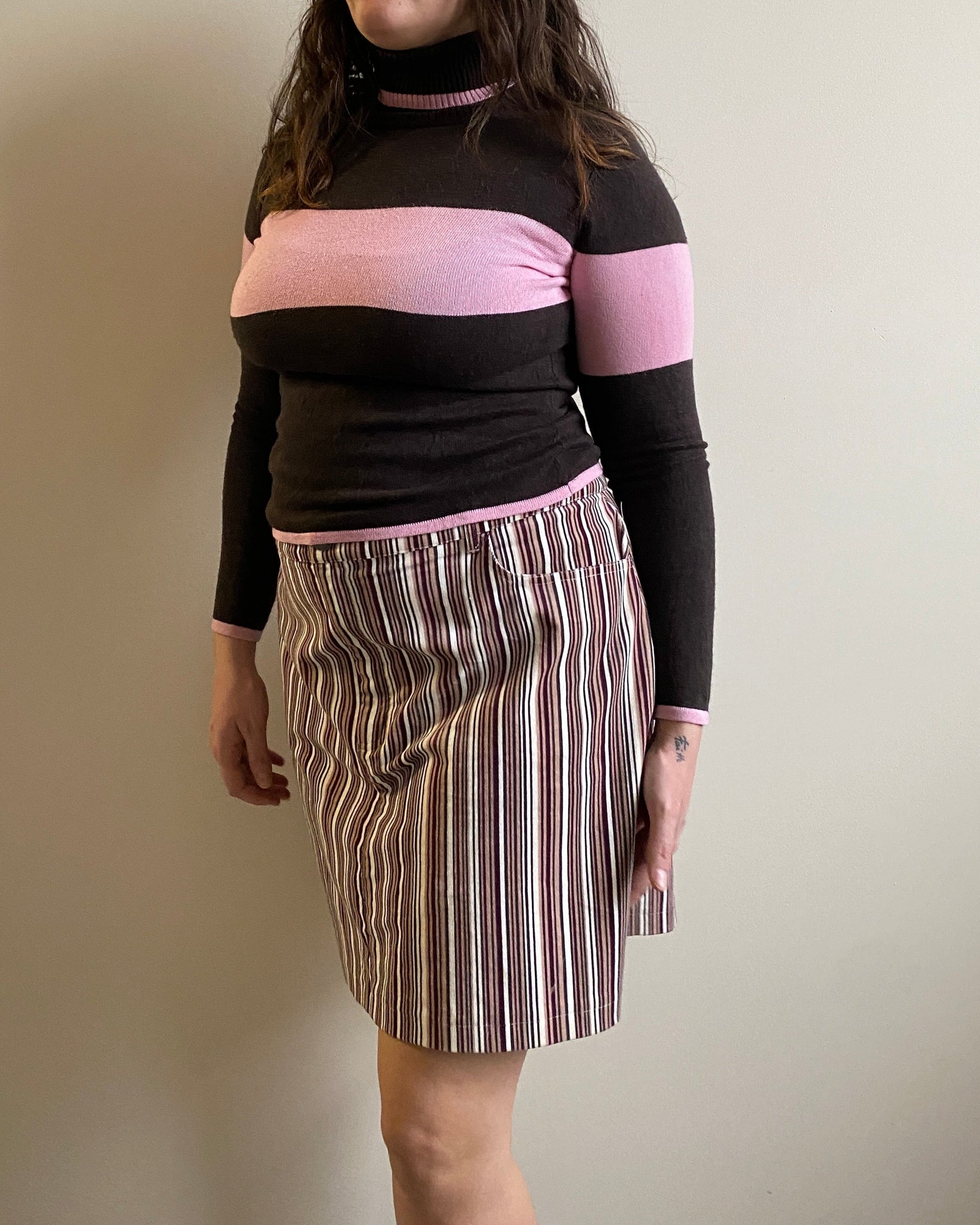 Design History Silk/Cashmere/Wool Brown and Pink Color Block Turtleneck Sweater (M)