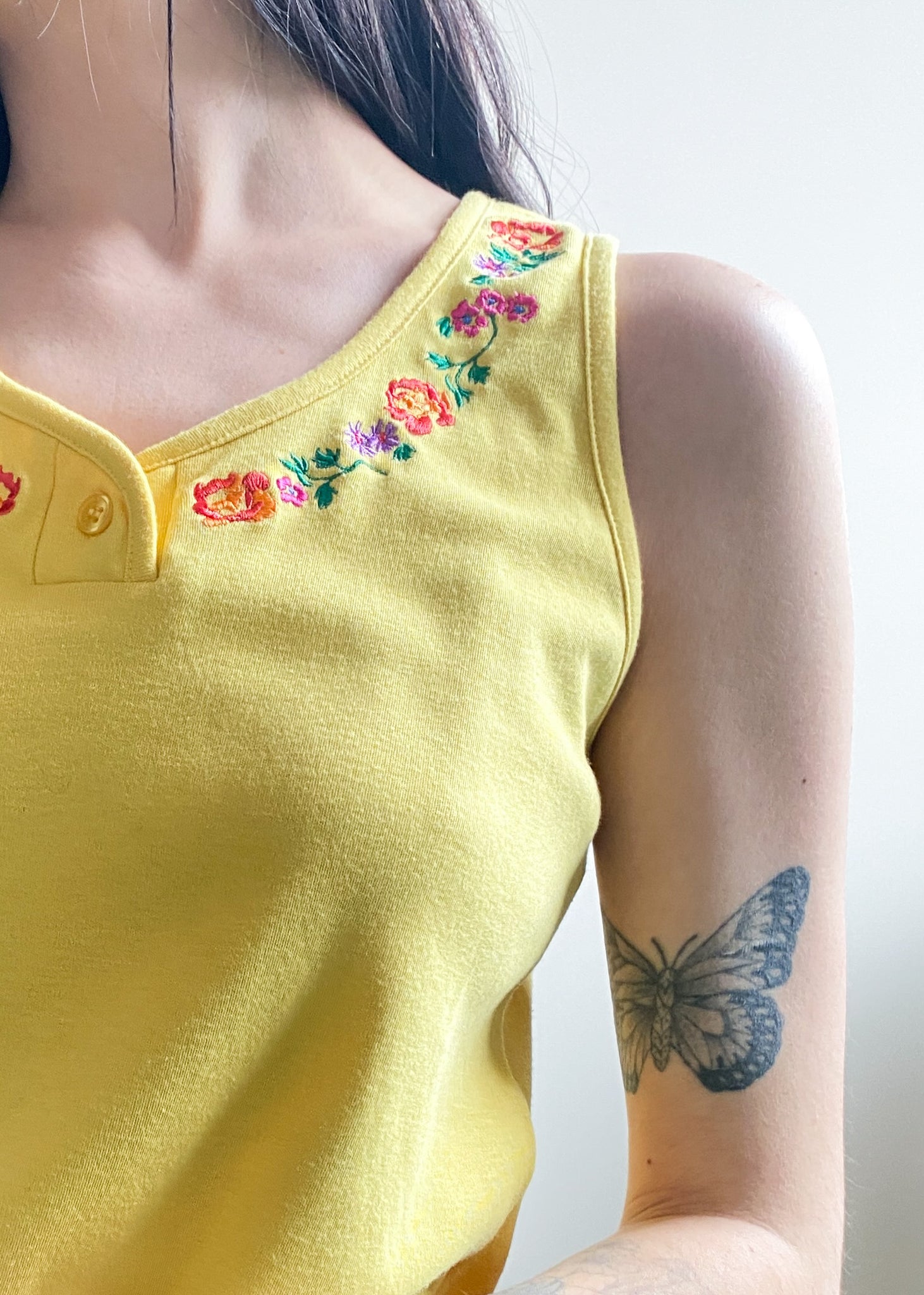 Karen Scott Yellow Floral Embroidered Tank Top (S)